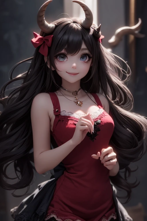 a clcose op of a (horned demon girl) smiling, wearing a lace cloth dress, black hair, red smokey eyes makeup, (hair bow), stockings, pumps, dramatic magic floating pose, (full body), sfw