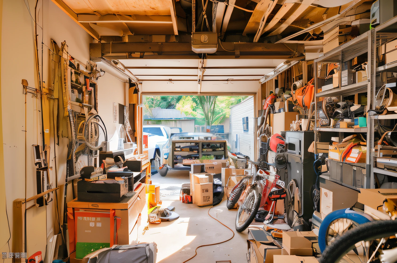 Garage with a bunch of things, boxes, warehouse, pantry