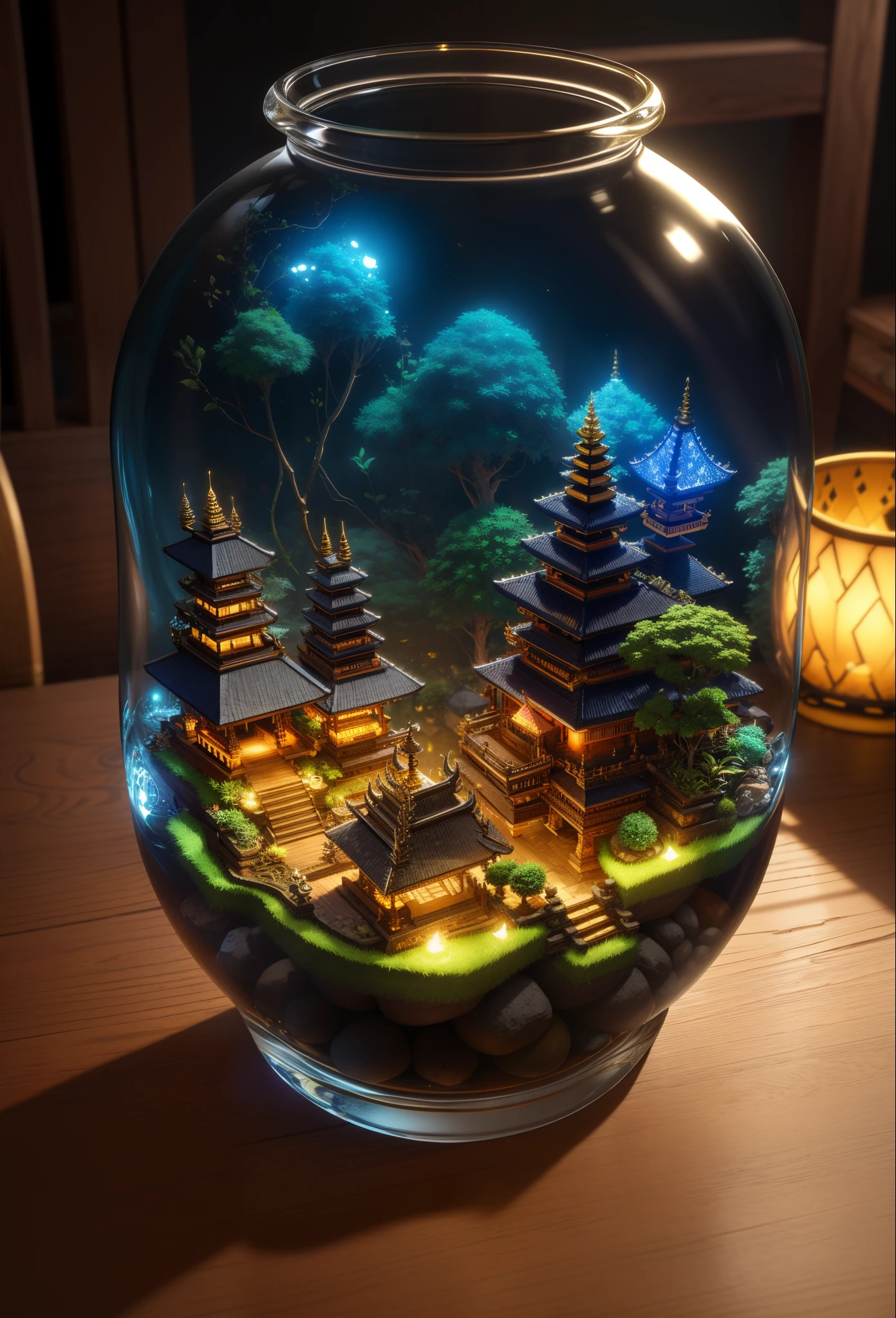 (An intricate Bali minitown landscape trapped in a bottle), atmospheric oliva lighting, on the table, 4k UHD, dark vibes, hyper detailed, vibrant colours, epic composition, octane render, sharp focus, high resolution isometric