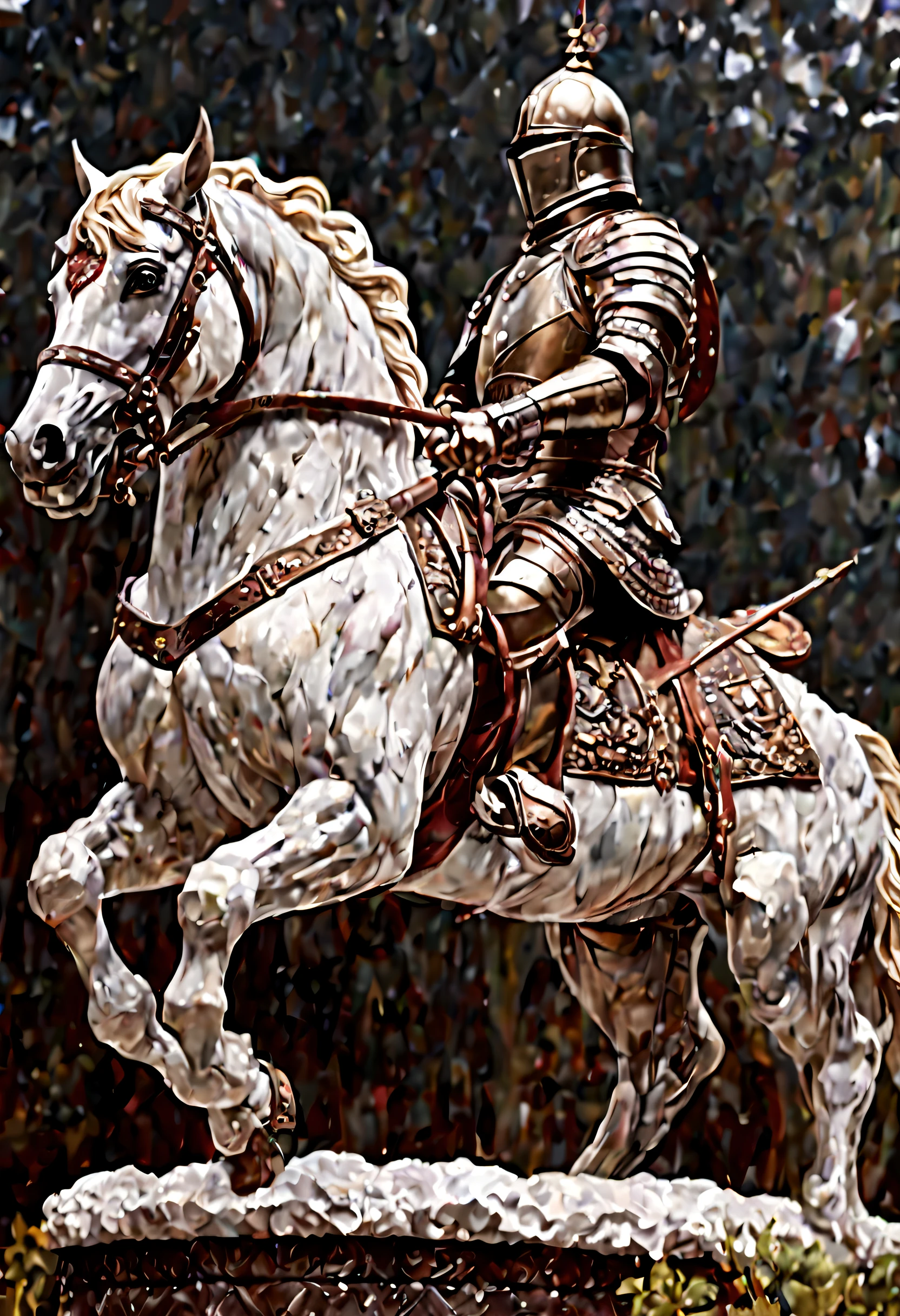 {{best quality}},{{masterpiece}},{{ultra-detailed}},{detailed light},(RAW photo:1.3),(photorealistic:1.3),(extreme detail description),(((marble statues 1 man knight riding on a war horse))),1 man,strong,abdominal muscle,muscle,white full body,long hair,eyes,parted lips,white short,detailed legs,foot,detailed hands,detail fingers,solo,dynamic angle,look at viewer,add more detail,sky,cloud,water,mountain,fog,steams,professional lighting,evening lighting,m4rbl3 woman,full_body,portrait,multiple_views,vertical view,panorama,
1 man knight riding on a war horse,more detail on horse,