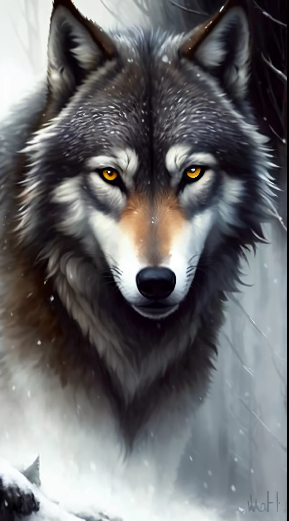 uma pintura de um lobo com olhos amarelos na neve, retrato do lobo, lobo, Ele tem olhos de lobo amarelos, alpha wolf head, retrato do lobo da fantasia, grande lobo, wolf head, foto de lobo, portrait of a wolf head, lobo cinzento escuro, Retrato de um lobo, lobo hiper detalhado - como o rosto, Wolp, cara de lobo antro, retrato retardado do lobo
