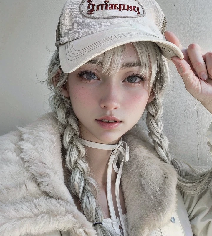 Mujer arafed con pelo largo con sombrero blanco y chaqueta blanca., ulzzang, Su cabello es blanco, con pelo largo blanco, flequillo blanco, con el pelo largo y blanco, Pelo blanco trenzado largo, pelo blanco de cola de caballo, Peinado blanco de corte hime, peinado de coletas, Chica coreana, cabello whitebangs cabello, Chica de anime en la vida real, Cabello largo y blanco y flequillo