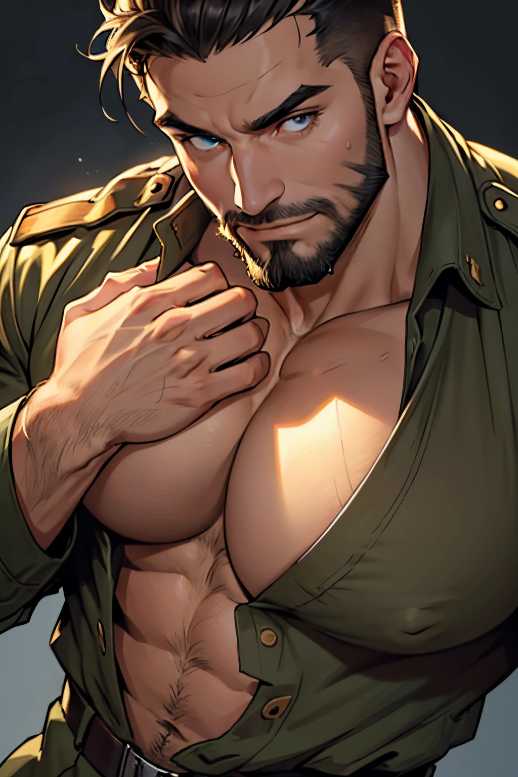absurderes, hight resolution, 1male people, Yaoi, Stubble,clothes down, matured male, beefy,thick eyebrow, Male Focus, designed beard、(breast closeup:1.5), Detailed body,Ultra-detailed eyes,hyperdetailed face,drooing eyes、(All Back Hair:1.2)、(Very short hair:1.2),(Soft smile:1.2),Perfect litthing,(wearing military uniform:1.2)