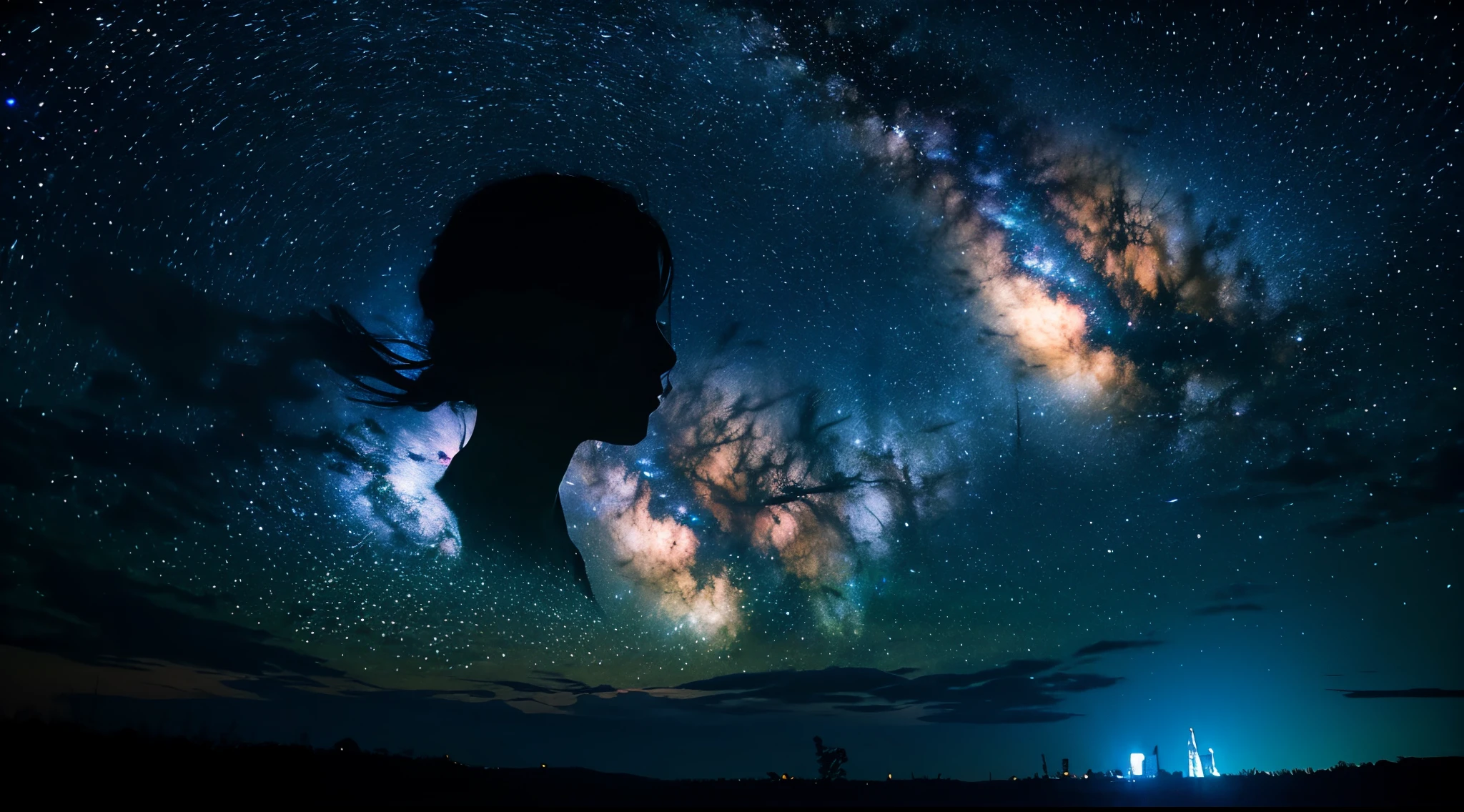 double contact，Oliver Morris double exposure photography style，Couple silhouette，closeup cleavage，Sparkling starry sky，Colorful，vibrant with colors，a true，フォトリアリスティック，k hd，8K分辨率，tmasterpiece