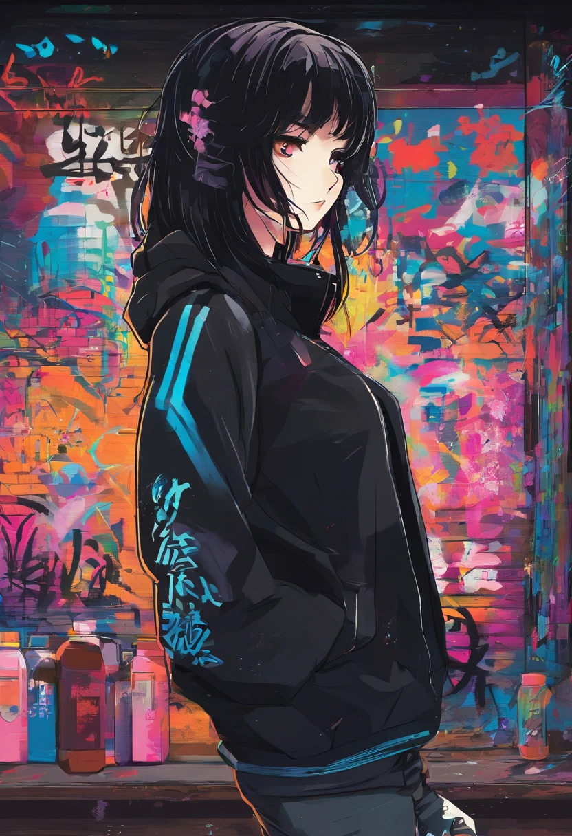 Oil Style, digitalart, 1990s anime style, Black Hair Long Hair Straight, Japan beautiful girl, short-cut, Black sweater、bars、alcohol、darkened room、dark、neons、illuminating