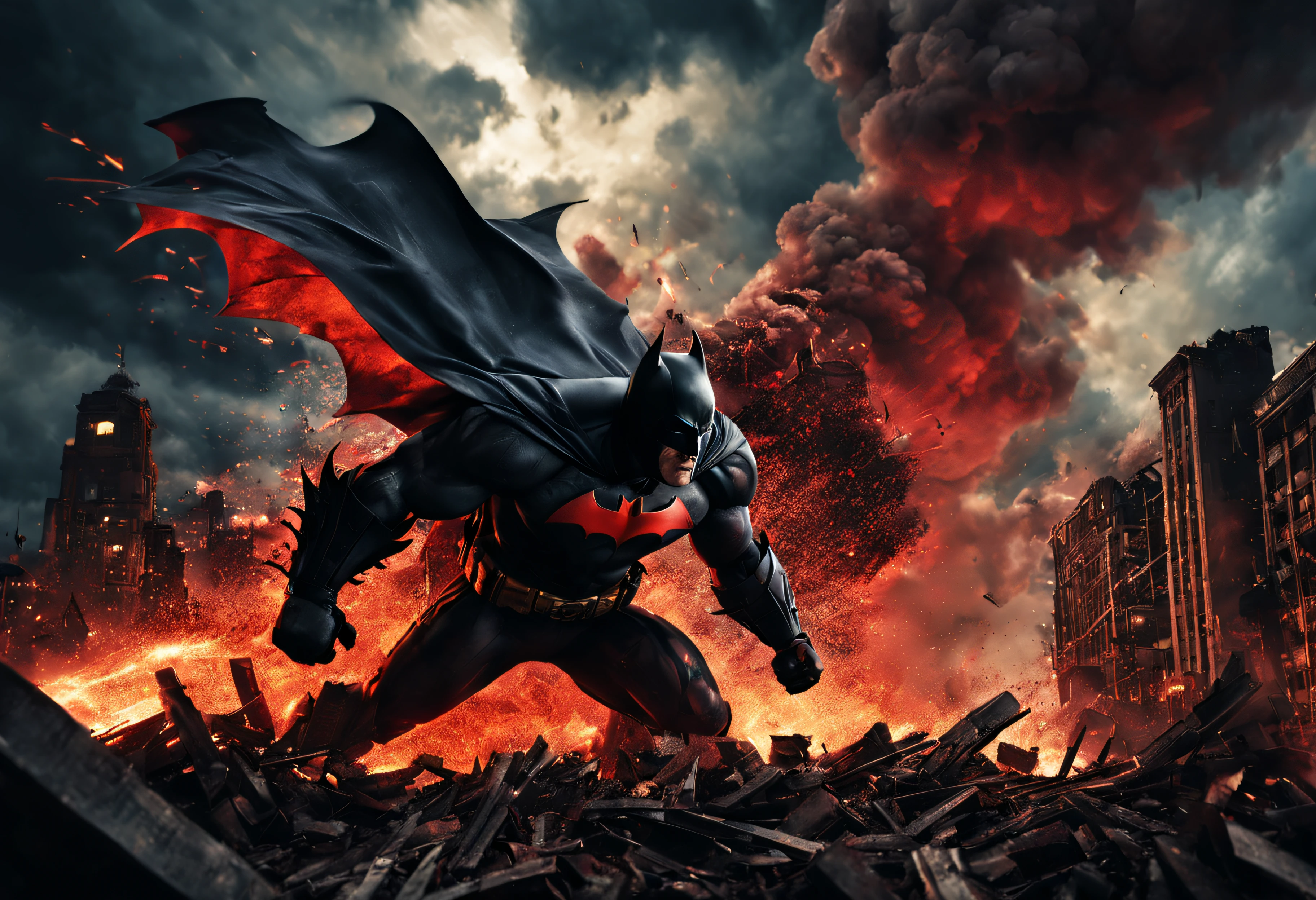 Batman,attacking,explosions in the sky,ultra-realistic,photography 8k,vivid colors,bokeh,studio lighting,masterpiece:1.2,ultra-detailed,long eyelashes,ferocious expression,long sharp teeth,scaly skin,foreboding atmosphere,dramatic angle,destroyed cityscape,falling debris,chaotic scene,massive claws,fiery explosions,smoke and fire,crumbling buildings,evocative lighting,dynamic composition,fierce roar,detailed scales,intense action,naturalistic environment,splashes of red,shadows and highlights,motion blur,dark clouds,rumbling thunder,grandiose spectacle,immersive experience,explosive elements,overwhelming power,close-up shot,high-impact,apocalypse vibes.