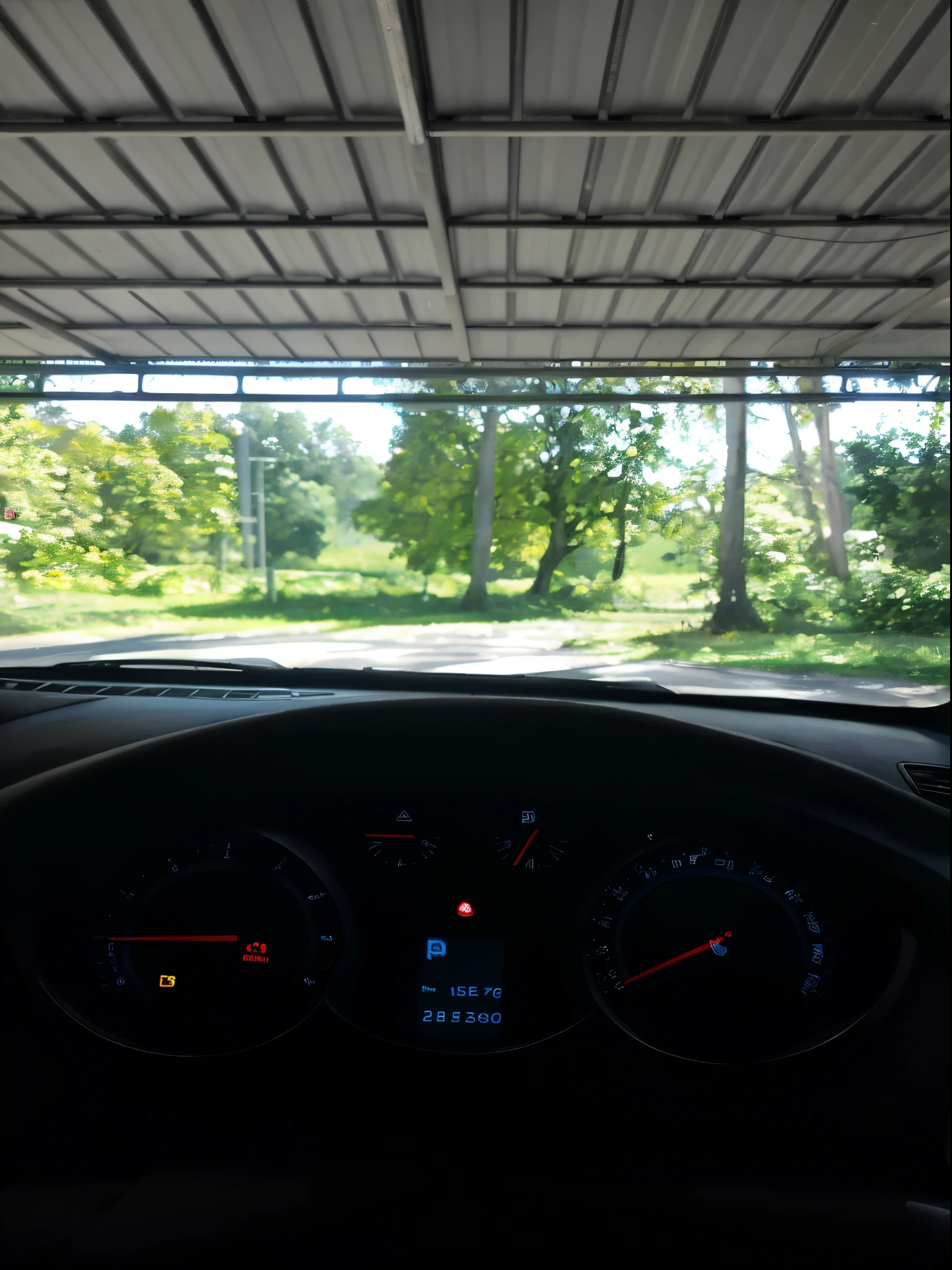 dashboard of a car with a view of a field and trees, view from inside, viewed through the cars window, viewpoint is to front and left, interior view, inside of a car, on a road, shot on nikon d 3 2 0 0, driving a car, taken with sony a7r camera, distance view, pov from rear, 9 0 degrees fov, girl stansing infront, blue shirt, short pants