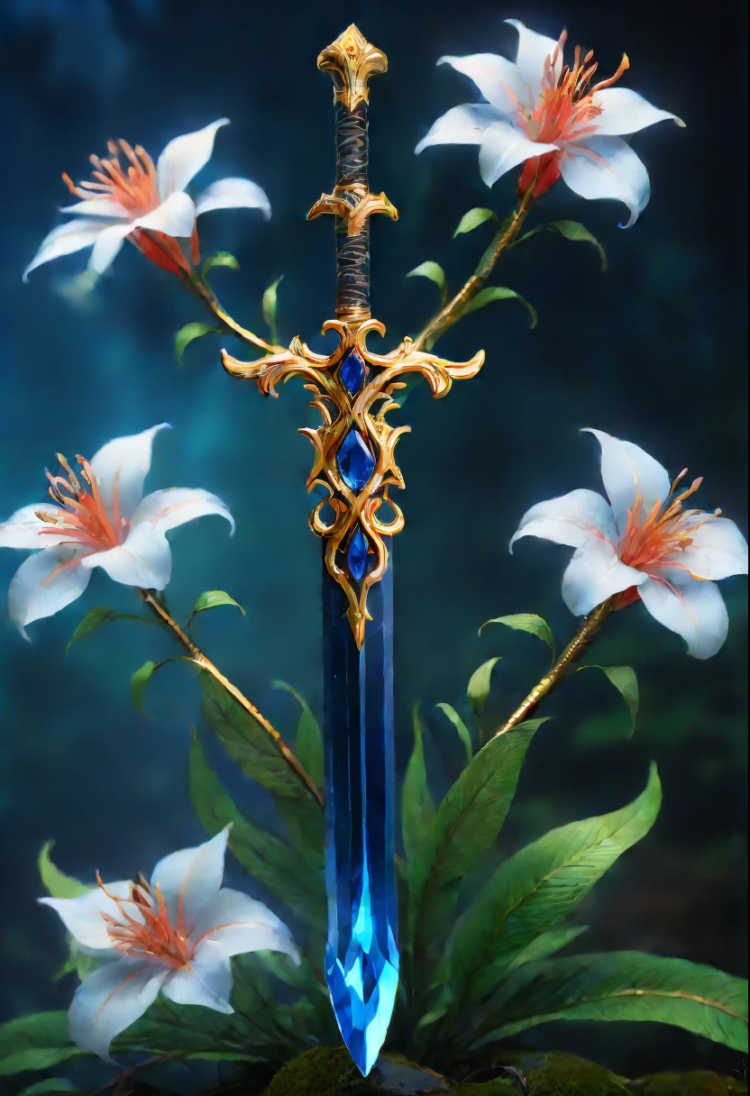Magic Sword，legendary magic sword，Glory Magic Sword，Alloy iron flower，Alloy vines surround the magic sword,There are iron flowers on the sword，heavy metal style，metal art，flower made of iron，iron leaf，Full metallic luster，Metal texture in the post-industrial era，Alloy wire crafts，gold flowers，Iron flower，Silver flower，metal tree branch，a crystal pendant，Emerald inlay，Carefully crafted，Perfect craftsmanship，Magic lightning background，blue lightning，(Lycoris close-up)，Flower of the other shore is charming，Mysterious Manzhu Shahua，The bloody ghost flower blooming at the gate of hell，Leading the soul to the afterlife，Evil charm，Flirtatious，Incredible，(Best quality,4K,8K,A high resolution,tmasterpiece:1.2),ultra - detailed,(actual,realistically,realisticlying:1.37),sporty attire,The landscape,terror,Japanese cartoons,sci-fy,photography,Concept artist, HighDynamicRange,hyper HD,Studio lighting,Ultra-fine painting,Focus sharp,physically-based renderingt,Extremely detailed description,professional,vibrant with colors,bokeh.
