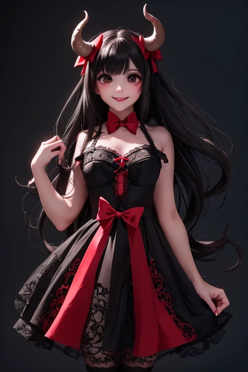a (horned demon girl) smiling, wearing a lace cloth dress, black hair, red smokey eyes makeup, (hair bow), stockings, pumps, dramatic magic floating pose, ((full body)), sfw