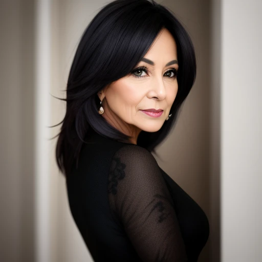 Photo of 50 year old woman, mexicana, bonitos ojos, cabello ondulado negro largo, cara redondeada, con vestido negro corto y tacones, recamara de fondo, 32k, uhd, realista