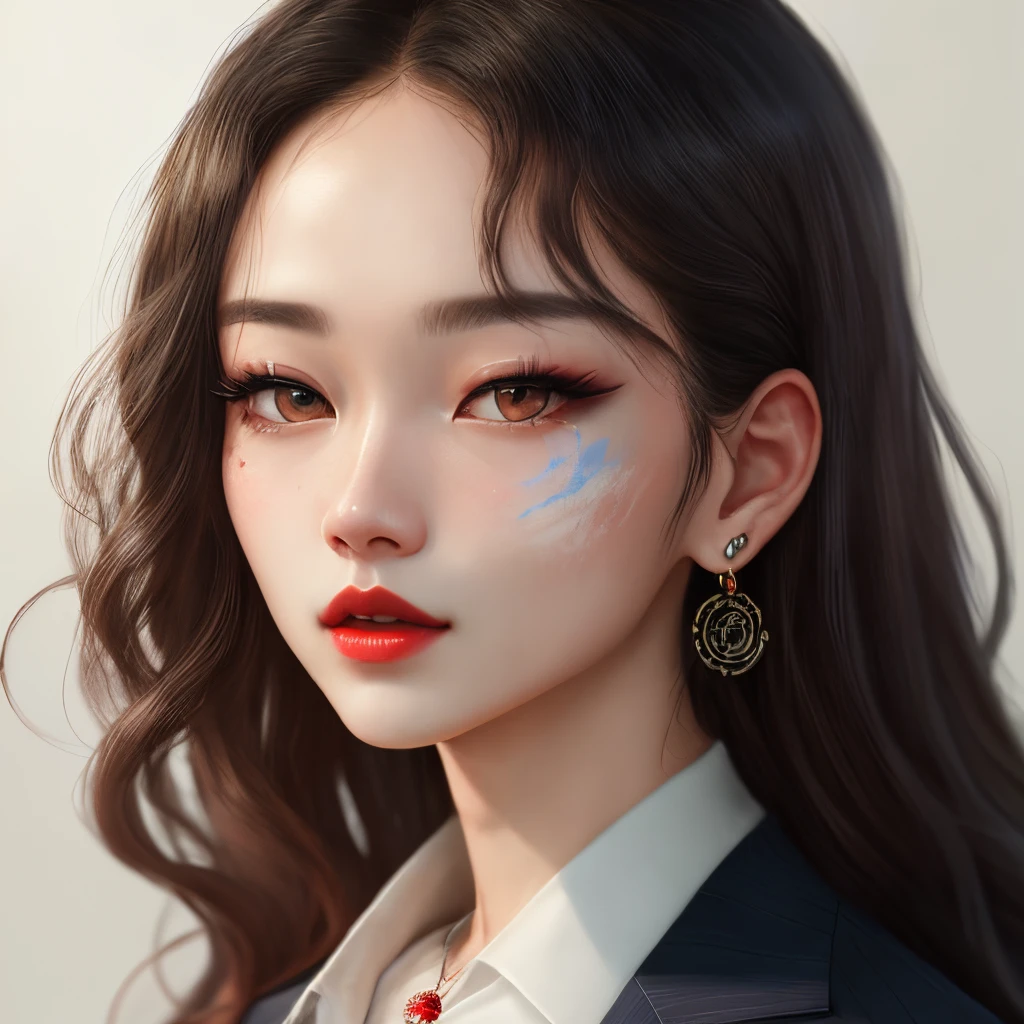 whaite hair,long whitr hair,eye closeds,facial closeups,Business suit,birthmark,tiese,Sketch red lips,earring necklace,photorealestic,Close-up portraits,Lee So-hyuk,Cai Xukun's,Di Li Gerba,Ju Jingyi,rosette,Beautie,Beautiful eyes,White eyelashes,long eyelasher,the detail