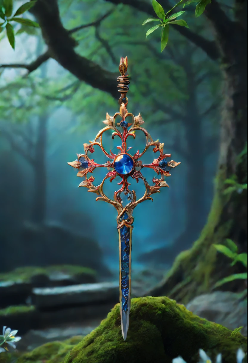 Magic Sword，legendary magic sword，Glory Magic Sword，Alloy iron flower，Alloy vines surround the magic sword,There are iron flowers on the sword，heavy metal style，metal art，flower made of iron，iron leaf，Full metallic luster，Metal texture in the post-industrial era，Alloy wire crafts，gold flowers，Iron flower，Silver flower，metal tree branch，a crystal pendant，Emerald inlay，Carefully crafted，Perfect craftsmanship，Magic lightning background，blue lightning，(Lycoris close-up)，Flower of the other shore is charming，Mysterious Manzhu Shahua，The bloody ghost flower blooming at the gate of hell，Leading the soul to the afterlife，Evil charm，Flirtatious，Incredible，(Best quality,4K,8K,A high resolution,tmasterpiece:1.2),ultra - detailed,(actual,realistically,realisticlying:1.37),sporty attire,The landscape,terror,Japanese cartoons,sci-fy,photography,Concept artist, HighDynamicRange,hyper HD,Studio lighting,Ultra-fine painting,Focus sharp,physically-based renderingt,Extremely detailed description,professional,vibrant with colors,bokeh.
