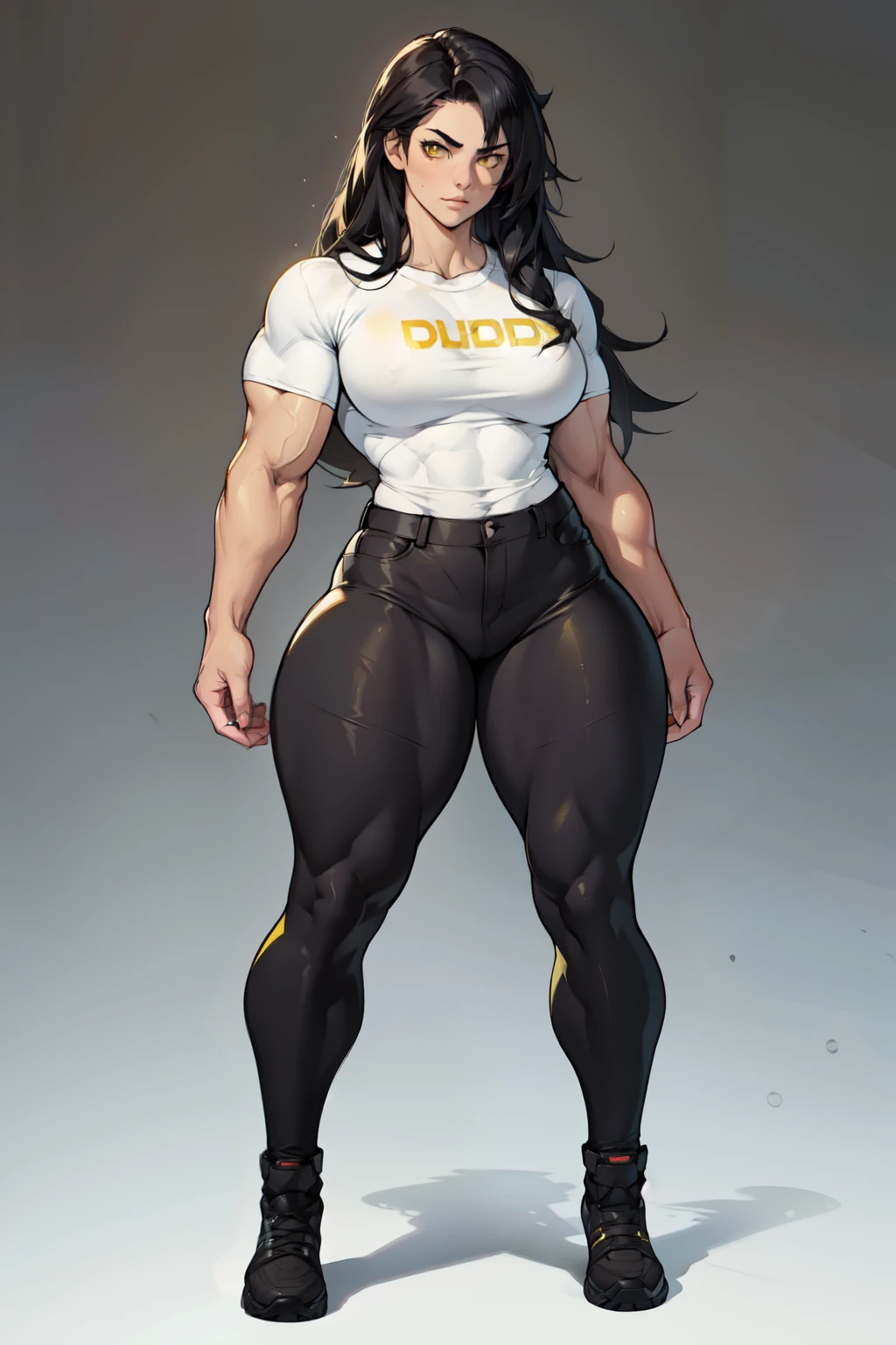 ((((muscular 1girl)))) (((thick thighs toned body small breasts))) (pale skin) black hair yellow eyes very long hair ((full body)) tight shirt tight pants