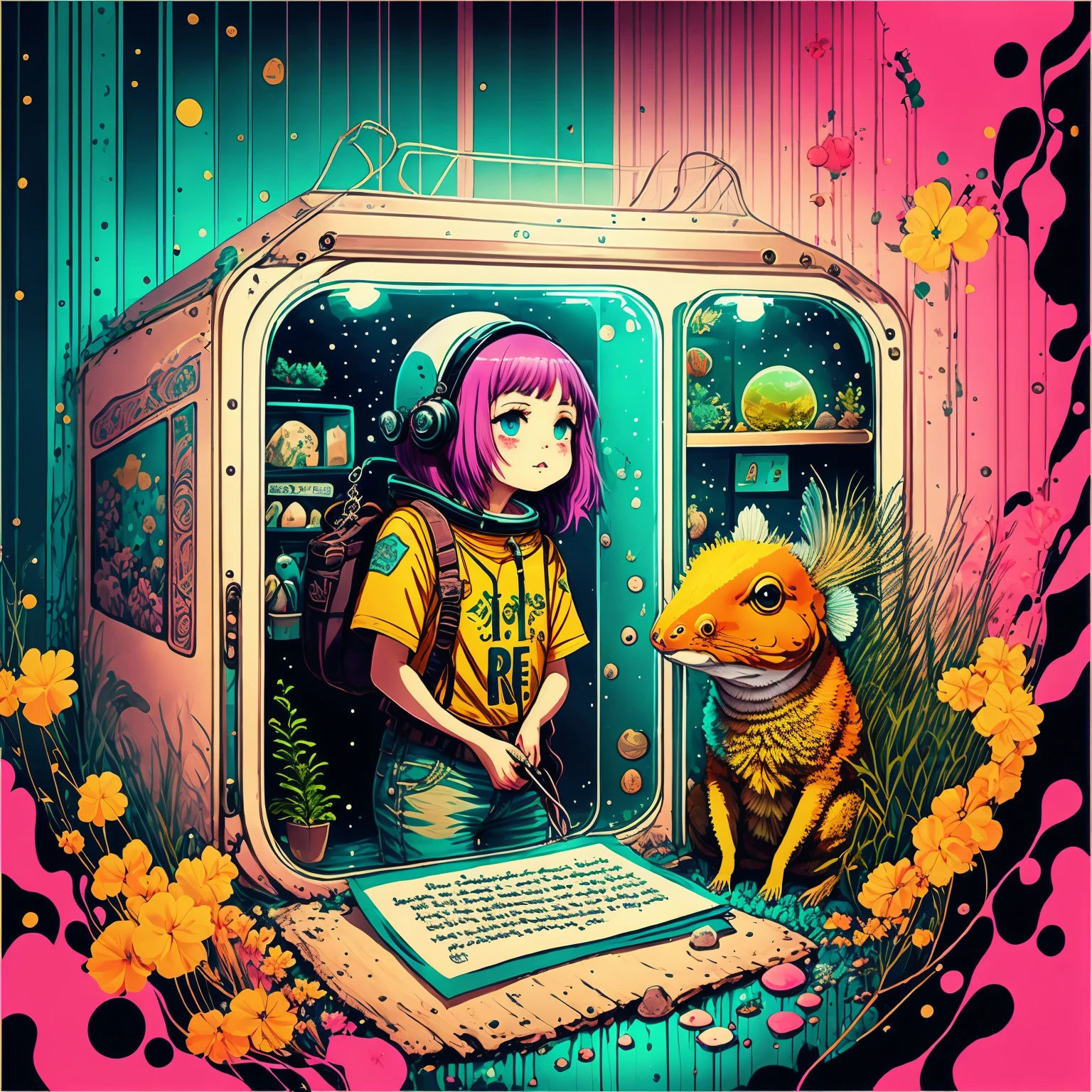 Photo of an explorer with an axolotl as a pet inside the space with a psychedelic backgroun, estilo de Laurie Greasley, Studio Ghibli, Akira Toriyama, James Gilleard, Genshin Impact, Trending Pixiv Fanbox, acrylic palette knife, 8K, cores vibrantes, DevinArt, trendin on artstation, Detalhes baixos, escrita em letras estilo rock n roll, a palavra KAMIZART.COM