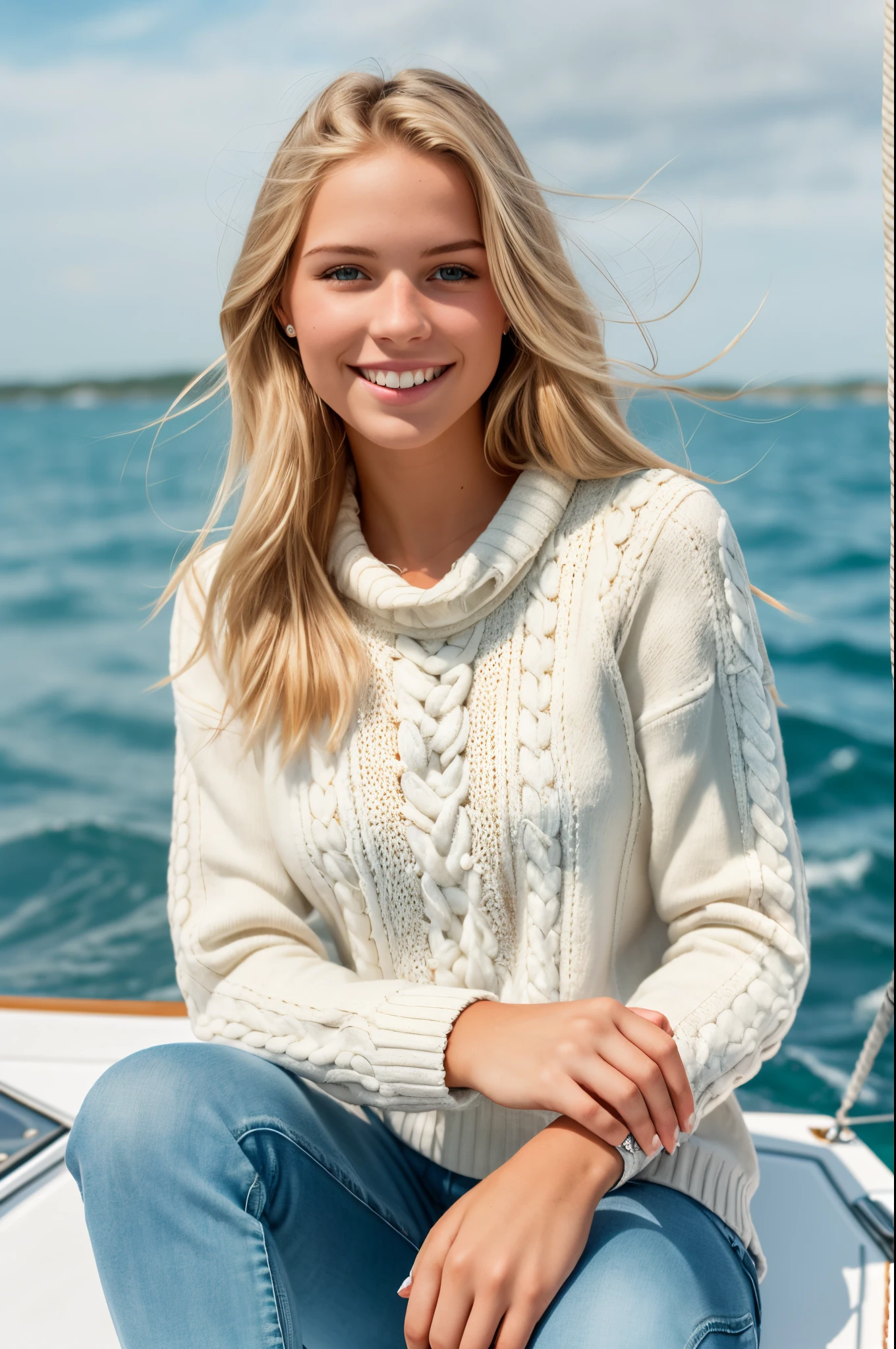 photo: natural beautiful light blondelong hair 21 year old girl in lightblue pullover and white jeans sitting on a sailingboat, happy smiling, looking at camera,canon d1 85 mm --auto --s2