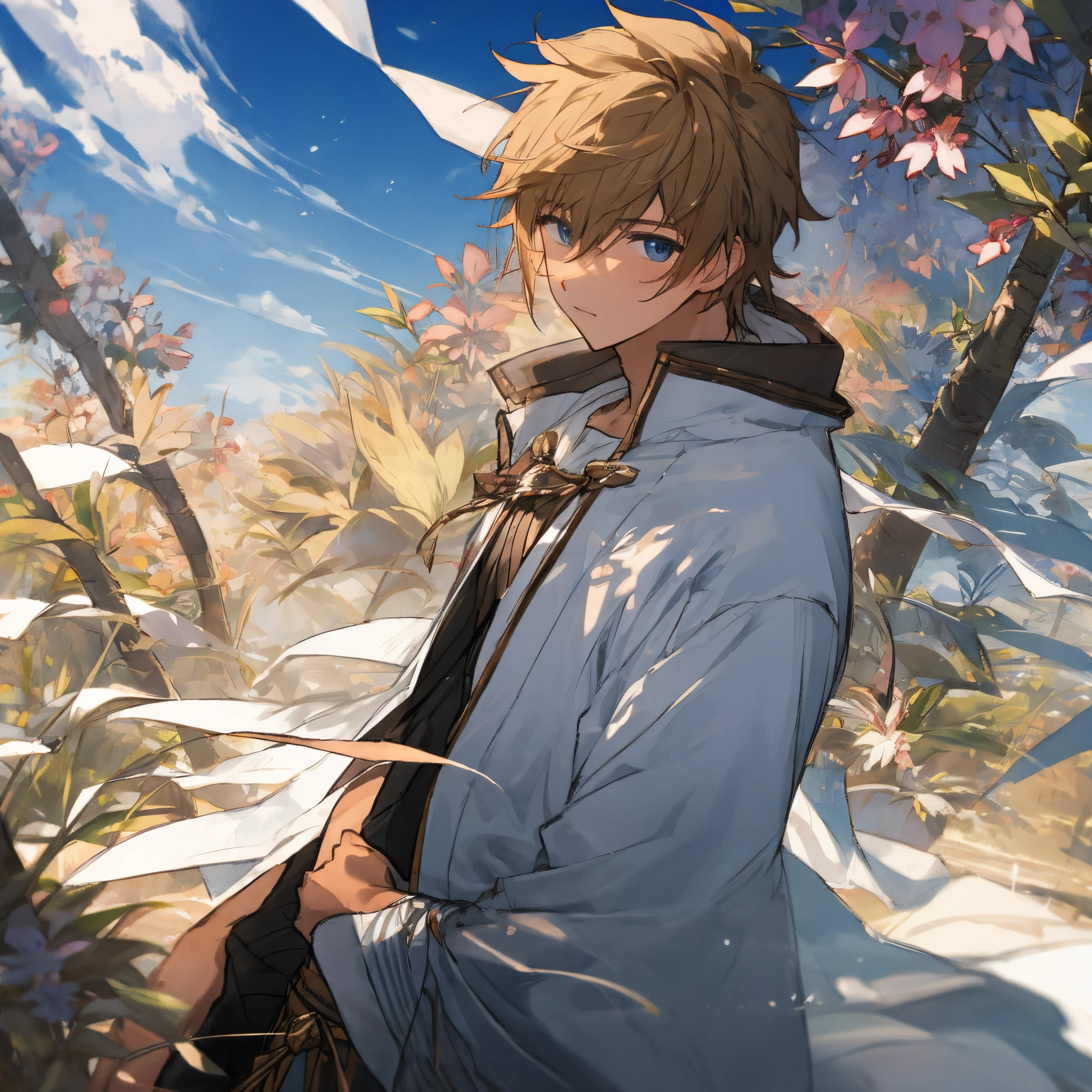 Anime boy with blue eyes and a blue jacket standing in a field - SeaArt AI