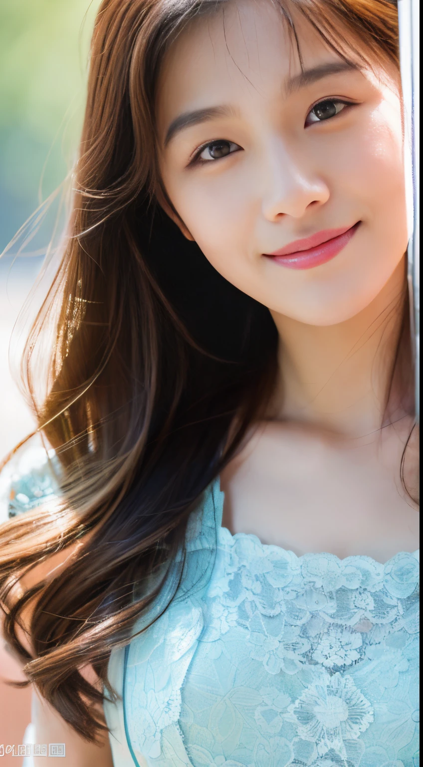 A happy smile looking at this、(daydream), 1girl in, Solo Images, Kim Yoo-jung, (Quite a young face (Russian)), Focus chest, (Insult Strip Color Hair), (Lace dress), (Highly realistic detail faces in 8k HD:1.5 (Soft Scene, Very low lightning), Detailed beautiful reflexed pupils, masutepiece:1.3, 超A high resolution:1.2, Dynamic lighting)