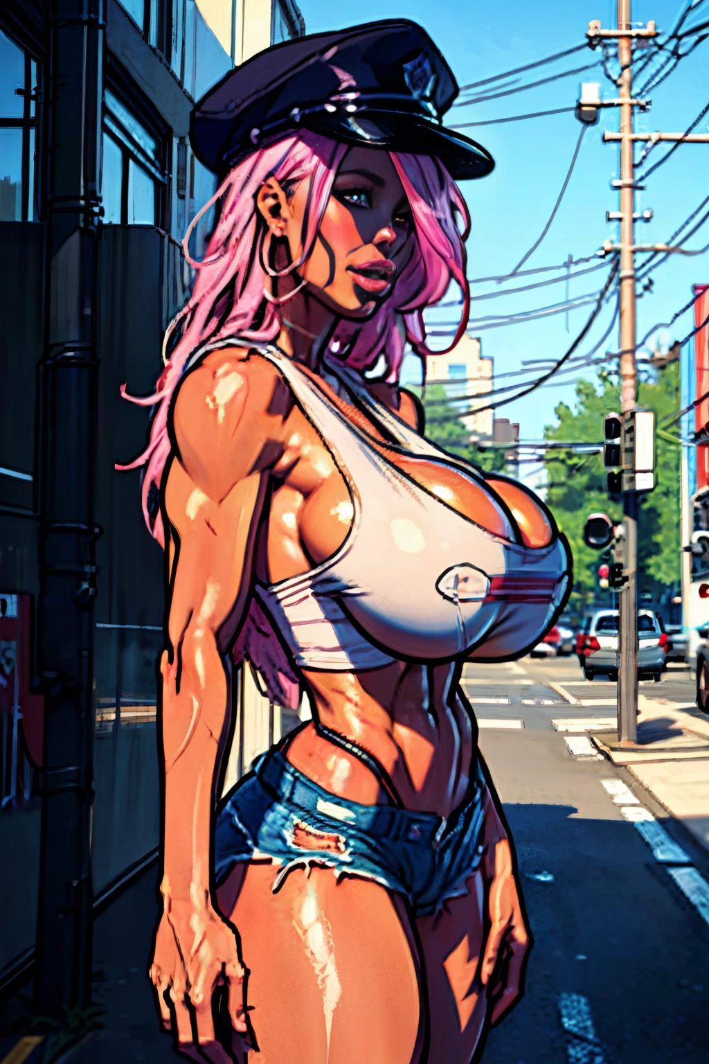 Back view, Final fight, ((Poison)) from street fighter,(big breast:1.5), long spiky pink hair, wide chest,big chest, ((plain white tank top)), denim shorts, police cap, (puffy lips:1.4), super perfect body curve,S-shaped body,waifu (18 years old)-hot daddy-frivolity-body language, fit figure, bad laughing,gorgeous perfect face, realistic style and super detailed renderings, superrealism,kawaii, zbrush, super-realistic oil, contour shadow-process, masterpiece