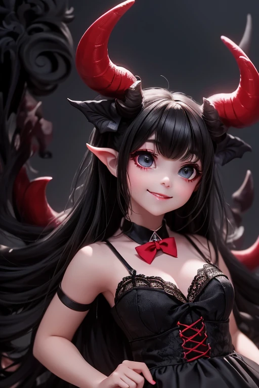 a close up of a (horned demon girl) smiling, wearing a lace cloth dress, black hair, red smokey eyes makeup, (hair bow), stockings, pumps, dramatic magic floating pose, (((full body))), sfw