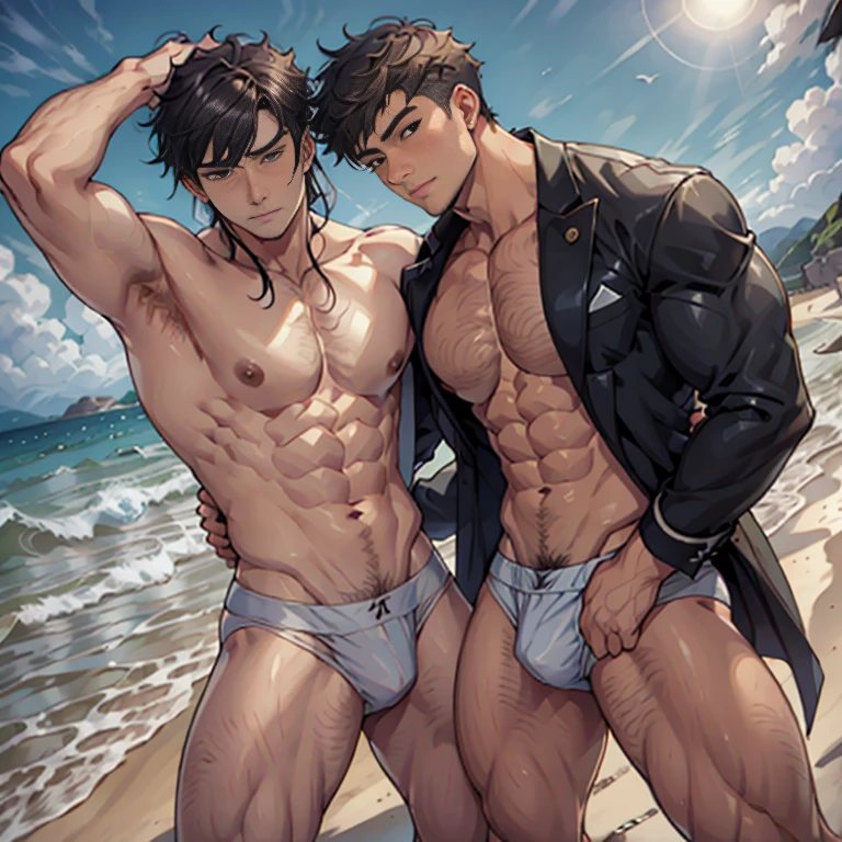 Gay men，twoboys, sea beach，intense emotion，Raised sexy,