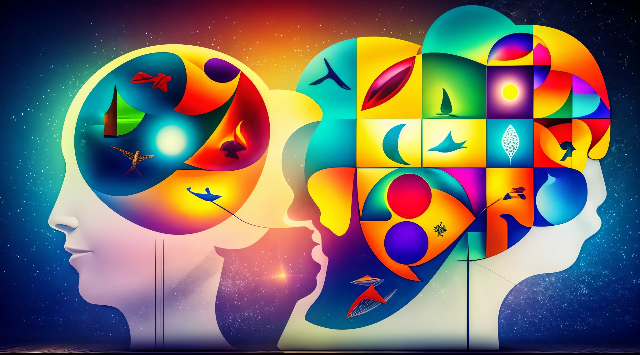 Create an abstract image representing various concepts in psychology, incorporating symbols and visual elements that express the diversity of approaches and applications within the field. Use uma paleta de cores vibrantes e diversificadas para transmitir a riqueza e a complexidade da mente humana. Include elements related to specific areas such as clinical psychology, psicologia do esporte, Psicologia Social, entre outros, to describe the broad spectrum of this science. Make sure the image conveys a sense of balance and harmony, reflecting the importance of mental well-being. Remember that the visual composition must be stimulating and inspiring, inviting reflection on the different aspects that make up the field of psychology.