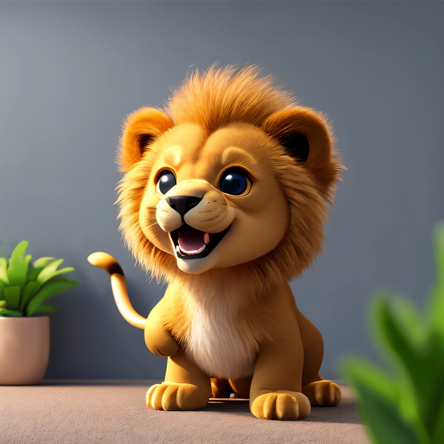 Cute and adorable baby lion waving and smiling to greet you、Unreal Engine、Cozy interior lighting、Art Station、Detailed digital painting、film like、Mark Leiden、Pixar、Character design by Hayao Miyazaki、Unreal 5、daz、Hyper-realistic、Octane Render、3DMDT1