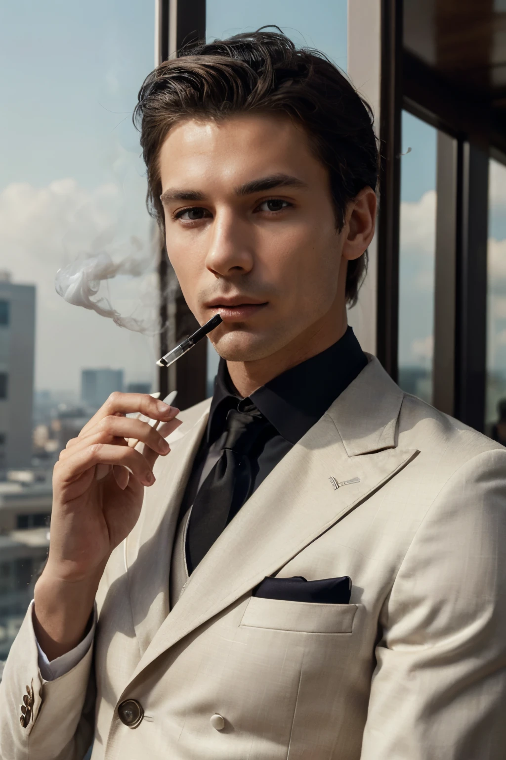 high-definition, clear, and realistic photograph of a wealthy, well-groomed boy elegantly smoking a stylish vape in a sophisticated and stylish background. Ensure that the image exudes luxury, neatness, and modernity, with attention to detail in both the subject's appearance and the overall setting."