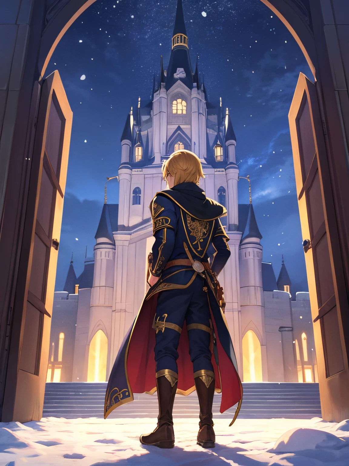 animesque,A boy standing in front of the castle gate is glaring at me...,his hair is golden,Regent,Allback,I have my hands in my pockets,Wearing a Special Attack Suit,4K,8K,Delicate and dynamic coloring,snowfall,
