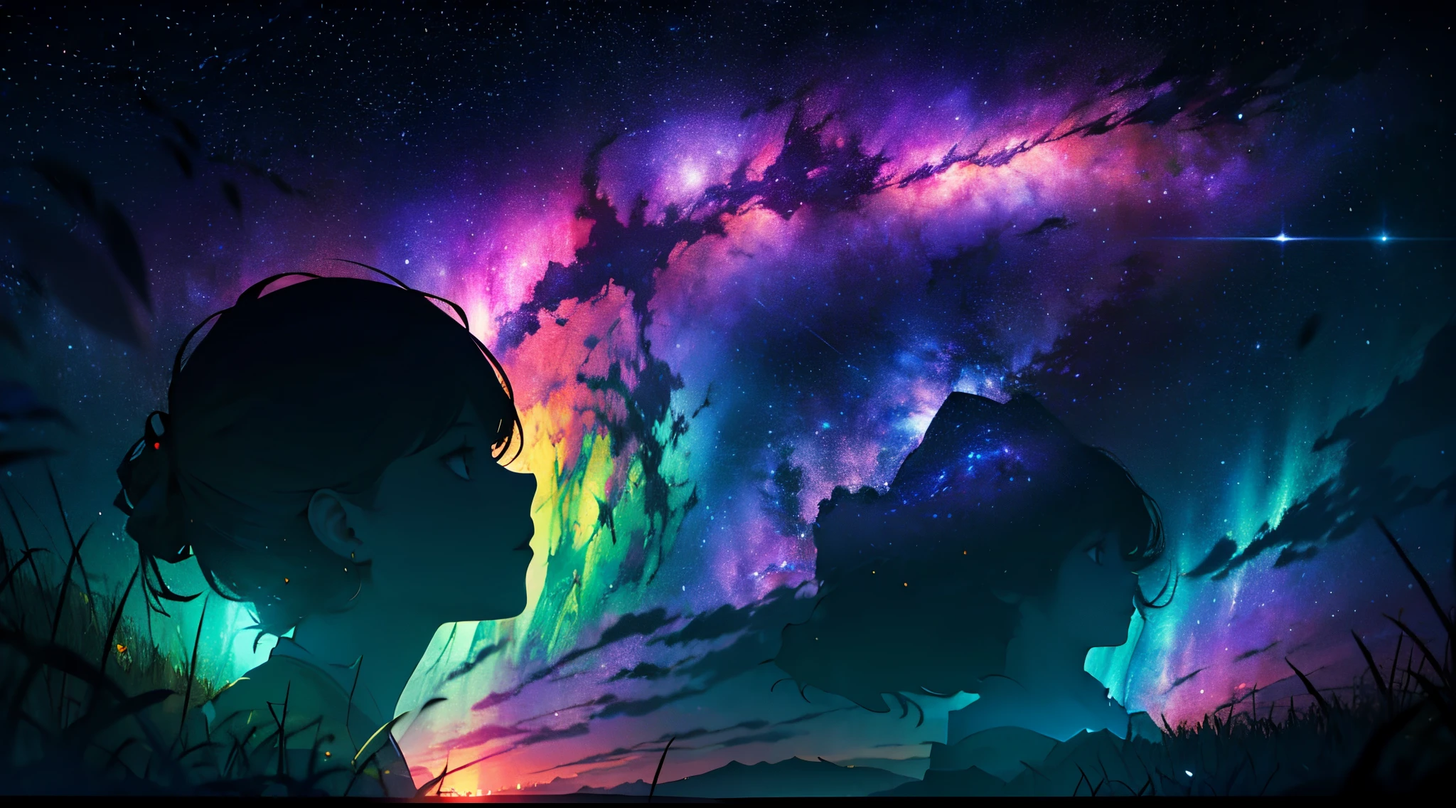Doubleexposure,Oliver Morris double exposure photography style,Couple silhouette,closeup cleavage,Sparkling starry sky,Colorful,Vibrant colors,a true,フォトリアリスティック,k hd,8K分辨率,tmasterpiece