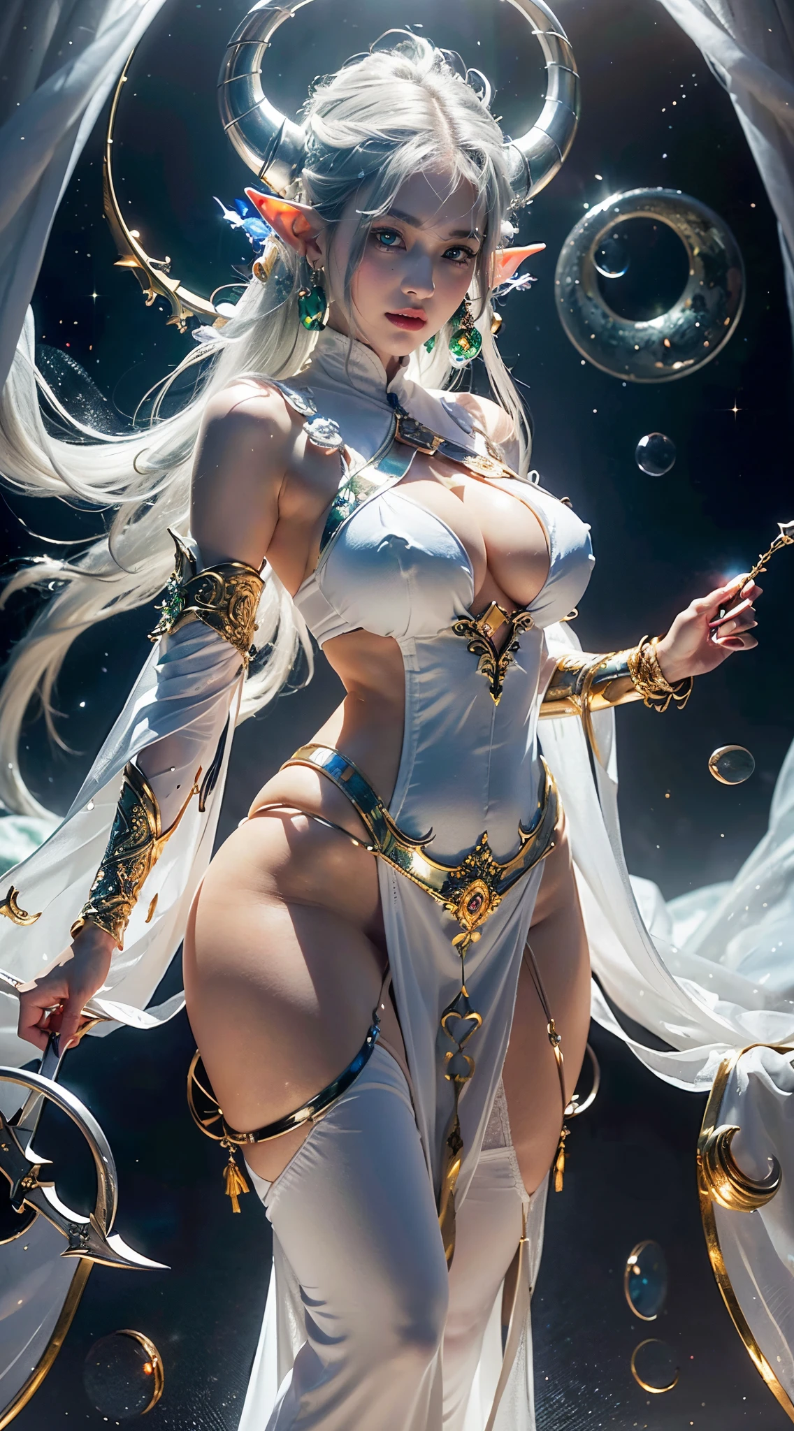 (Numerous award-winning masterpieces, with incredible details), (hd masterpiece, 8k, best quality), ((Extremely beautifull elf face)), (extremely detailed realistic elf face features), (beutiful green grey eyes), ((finely detailed true circle Symmetrical green grey eyes)), (She has a meloncholic face), (A majestic sight), long white hair, (big breasts: 1.8), anatomic, small wraist with big hips, silver hair, long hair, snow white fair skin, pale skin