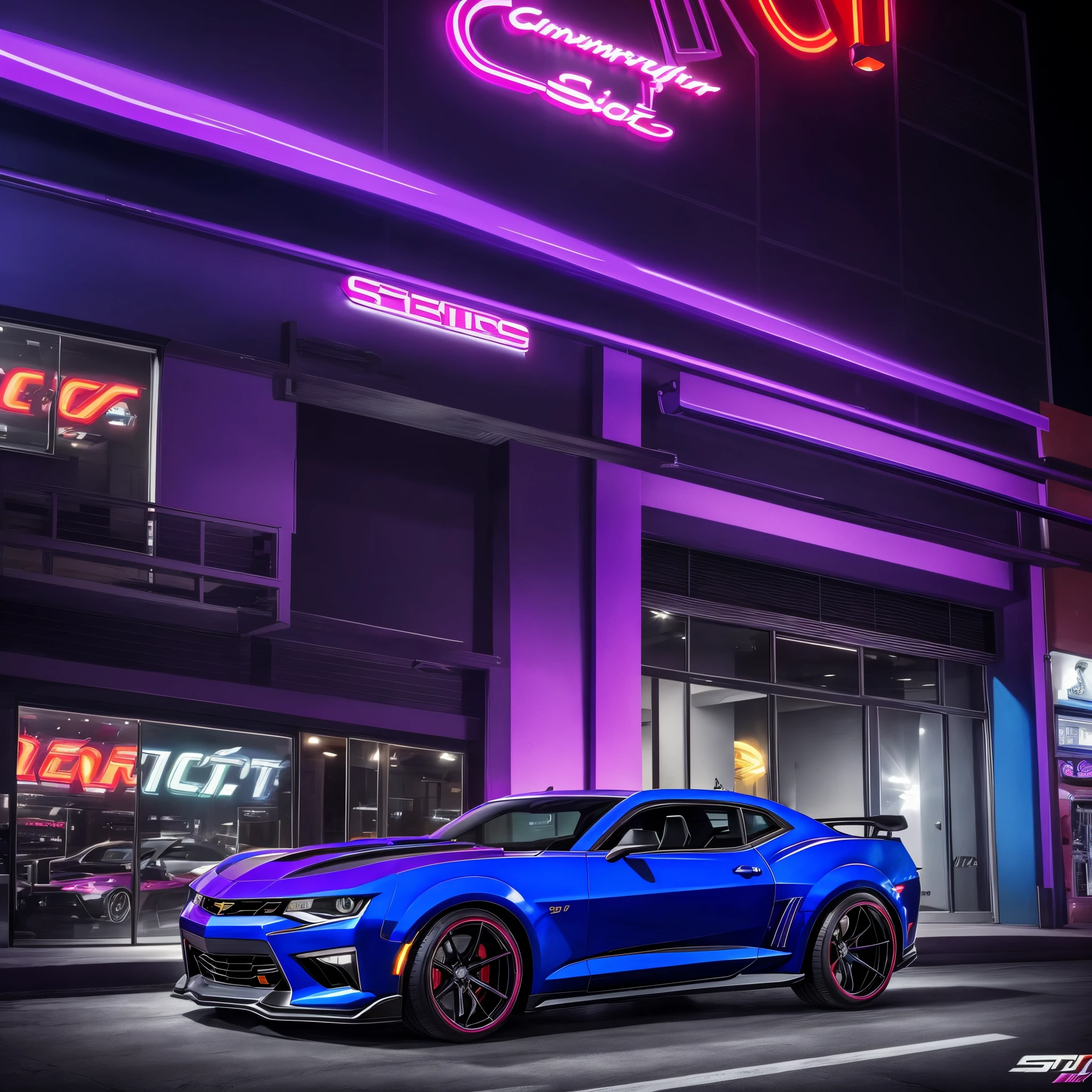 Hyper realistic painting of a Camaro SS painted midnight purple. Neon signs in the background. Dramatic, realistic, car has a spoiler and custom body kit. West Coast Customs.