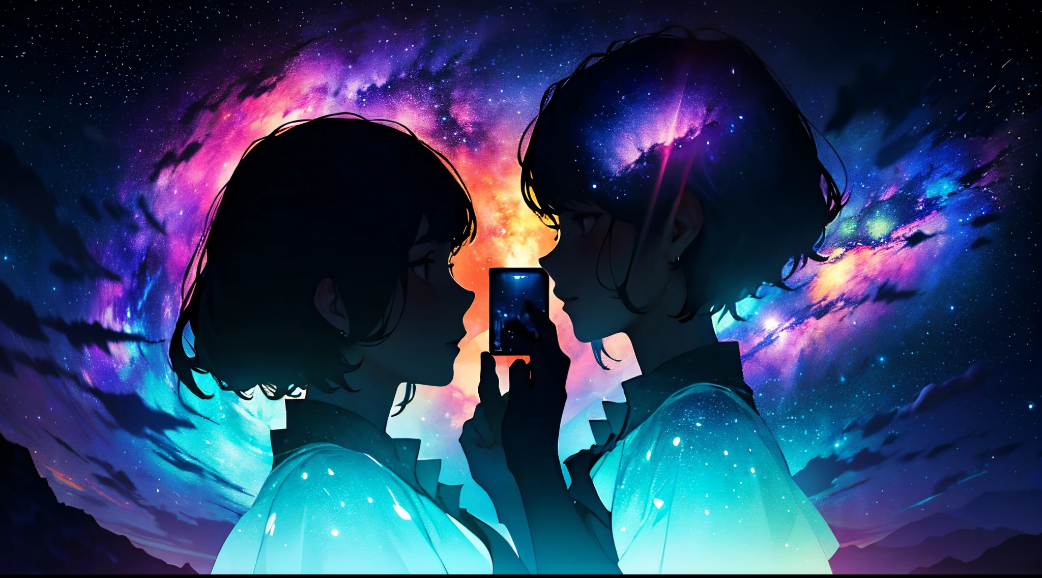 Doubleexposure,Oliver Morris double exposure photography style,Couple silhouette,closeup cleavage,Sparkling starry sky,Colorful,Vibrant colors,a true,フォトリアリスティック,k hd,8K分辨率,tmasterpiece