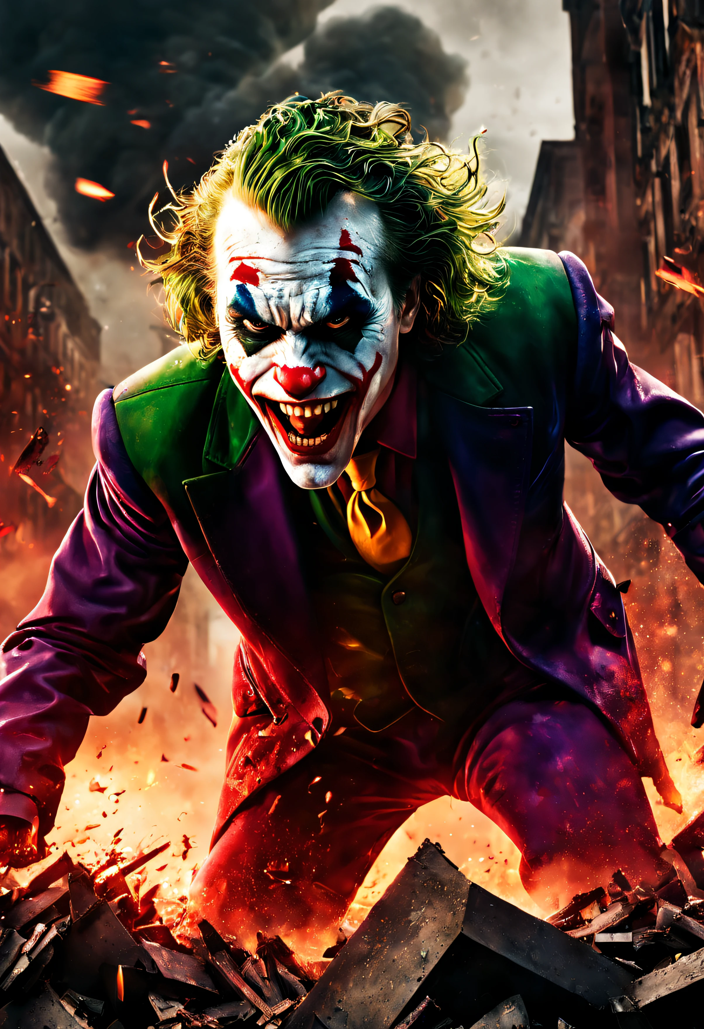 The Joker,attacking,explosions in the sky,ultra-realistic,photography 8k,vivid colors,bokeh,studio lighting,masterpiece:1.2,ultra-detailed,long eyelashes,ferocious expression,long sharp teeth,scaly skin,foreboding atmosphere,dramatic angle,destroyed cityscape,falling debris,chaotic scene,massive claws,fiery explosions,smoke and fire,crumbling buildings,evocative lighting,dynamic composition,fierce roar,detailed scales,intense action,naturalistic environment,splashes of red,shadows and highlights,motion blur,dark clouds,rumbling thunder,grandiose spectacle,immersive experience,explosive elements,overwhelming power,close-up shot,high-impact,apocalypse vibes.