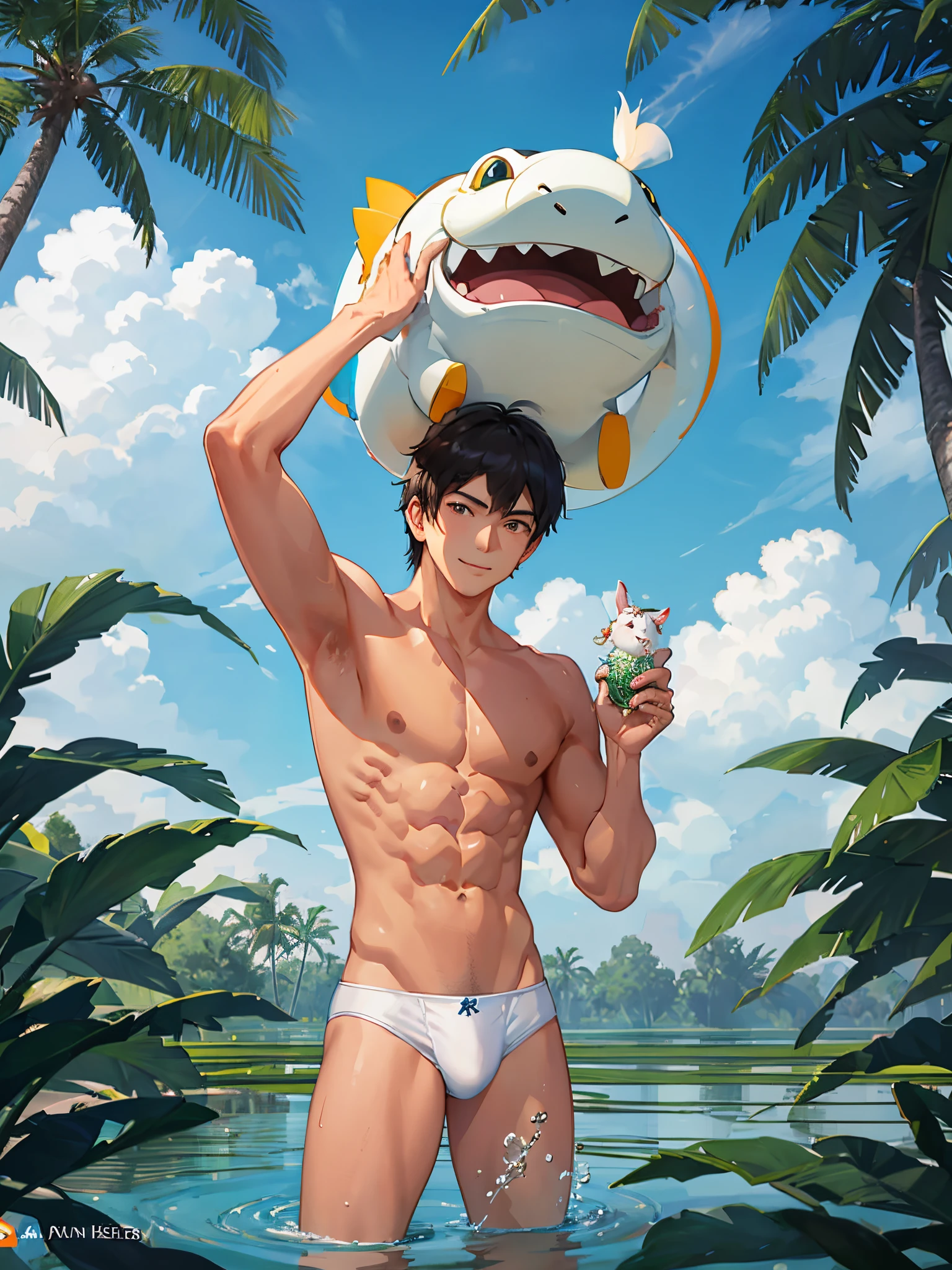 Thai men with strong bodies Has a tight six-pack and wears tiny white underwear. He was holding a chubby crocodile with cute rabbit ears on the crocodile's head. Have fun playing in the water in the middle of the rice fields. abstract pictures