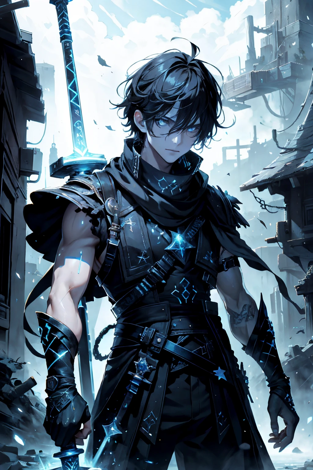 (absurdres, highres, ultra detailed), masterpiece, best quality, real light and shadow, solo, a boy with black hair, white sleeveless outfits, handsome, finely eye, detailed face, detailed eye, black scarf, two swords, dual-swords, a swords surround by blue flame, tattoo, from below, look down, ruined city, dark background, swirl, spark, cowboy shot, BREAK, blue eyes, BREAK, GlowingRunes_paleblue sword,