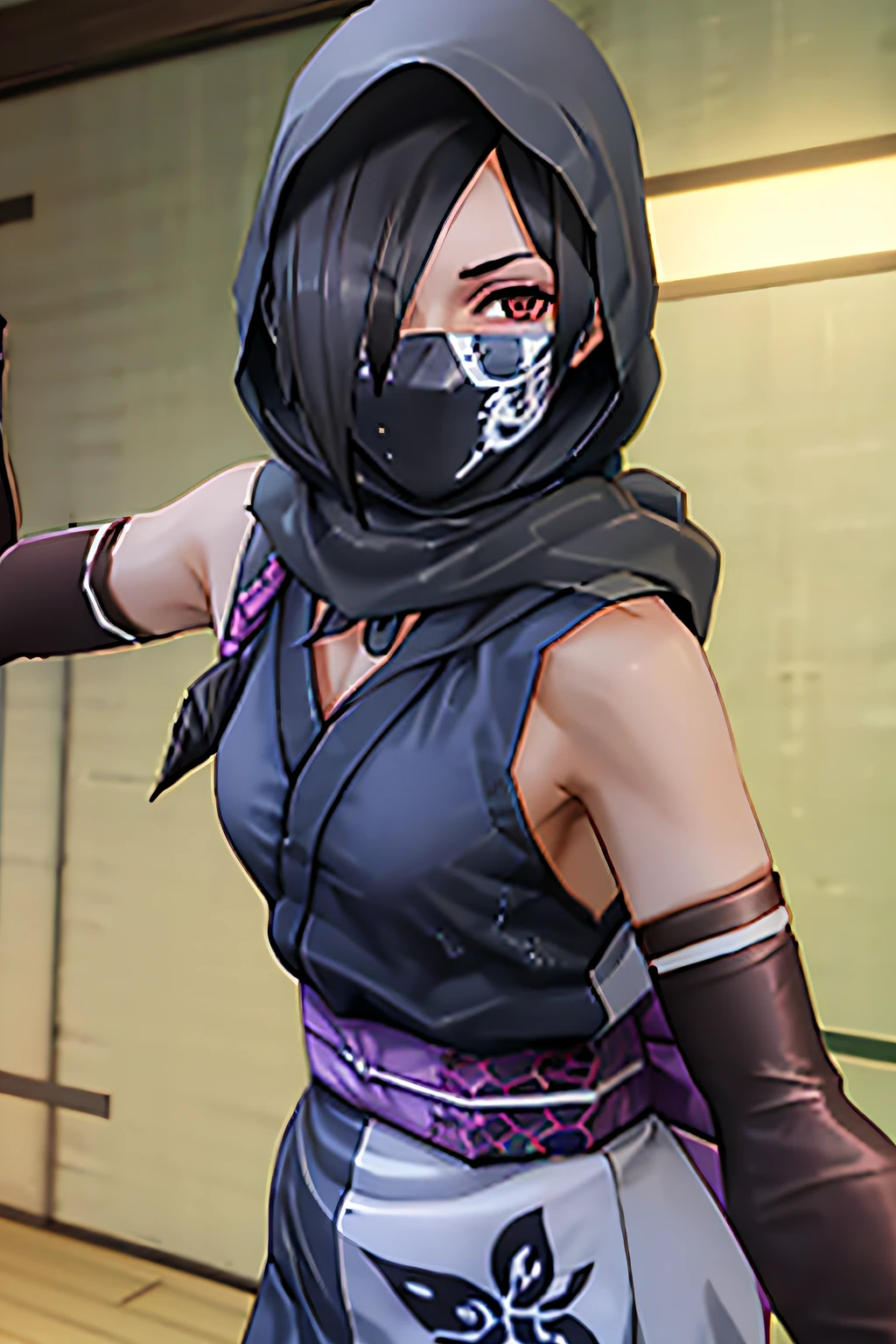 MOSUNINJA, NINJA,BLACK HAIR,BROWN EYES,HAIR OVER ONE EYE,EYESHADOW,PURPLE EYESHADOW,BREASTS,SMALL BREASTS,BARE SHOULDERS,MASK,MOUTH MASK,COVERED MOUTH,NINJA MASK,JAPANESE CLOTHES,KIMONO,SHORT KIMONO,OBI,ELBOW GLOVES,FINGERLESS GLOVES,GLOVES,HOOD,SKIRT,SANDALS,SOCKS,BLACK LEGWEAR,TOES,THIGH STRAP, 1girl, solo, upper body, facing viewer, looking at viewer.