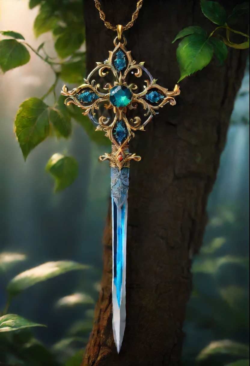 Magic Sword,legendary magic sword,Glory Magic Sword,Alloy iron flower,Alloy vines surround the magic sword,There are iron flowers on the sword,heavy metal style,metal art,flower made of iron,iron leaf,Full metallic luster,Metal texture in the post-industrial era,Alloy wire crafts,gold flowers,Iron flower,Silver flower,metal tree branch,a crystal pendant,Emerald inlay,Carefully crafted,Perfect craftsmanship,Magic lightning background,blue lightning,(Best quality,4K,8K,A high resolution,tmasterpiece:1.2),ultra - detailed,(actual,realistically,realisticlying:1.37),The landscape,sci-fy,photography,Concept artist, HighDynamicRange,hyper HD,Studio lighting,Ultra-fine painting,Focus sharp,physically-based renderingt,Extremely detailed description,professional,vibrant with colors,bokeh.