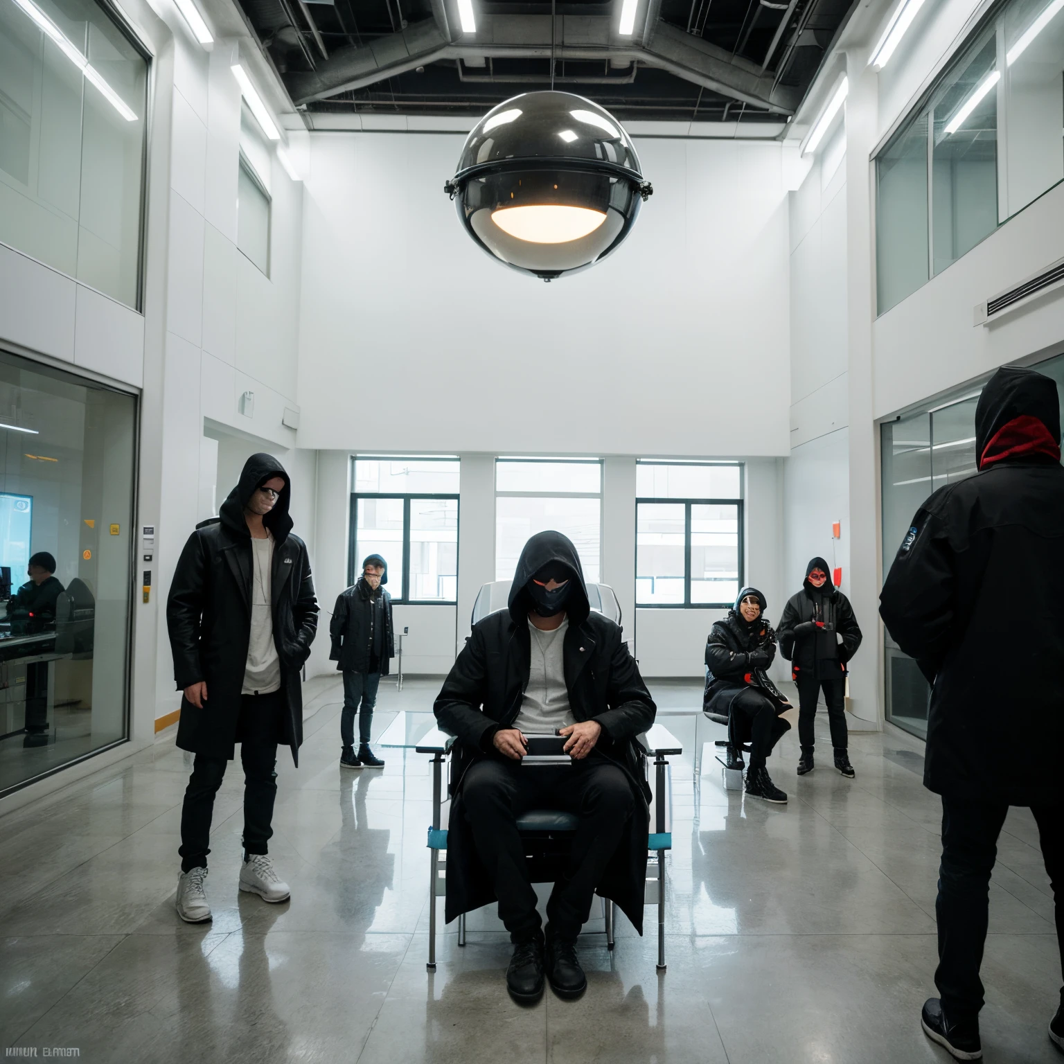 Special chair in big space, science-fiction, and blue white wall, glass window, seeling high, science fiction ground center chair, sci-fi chair , advance and sifi, black and long coat Hacker on chair, face masked, smart boy, hacker team on chair background, with 6 hackers on chair black side