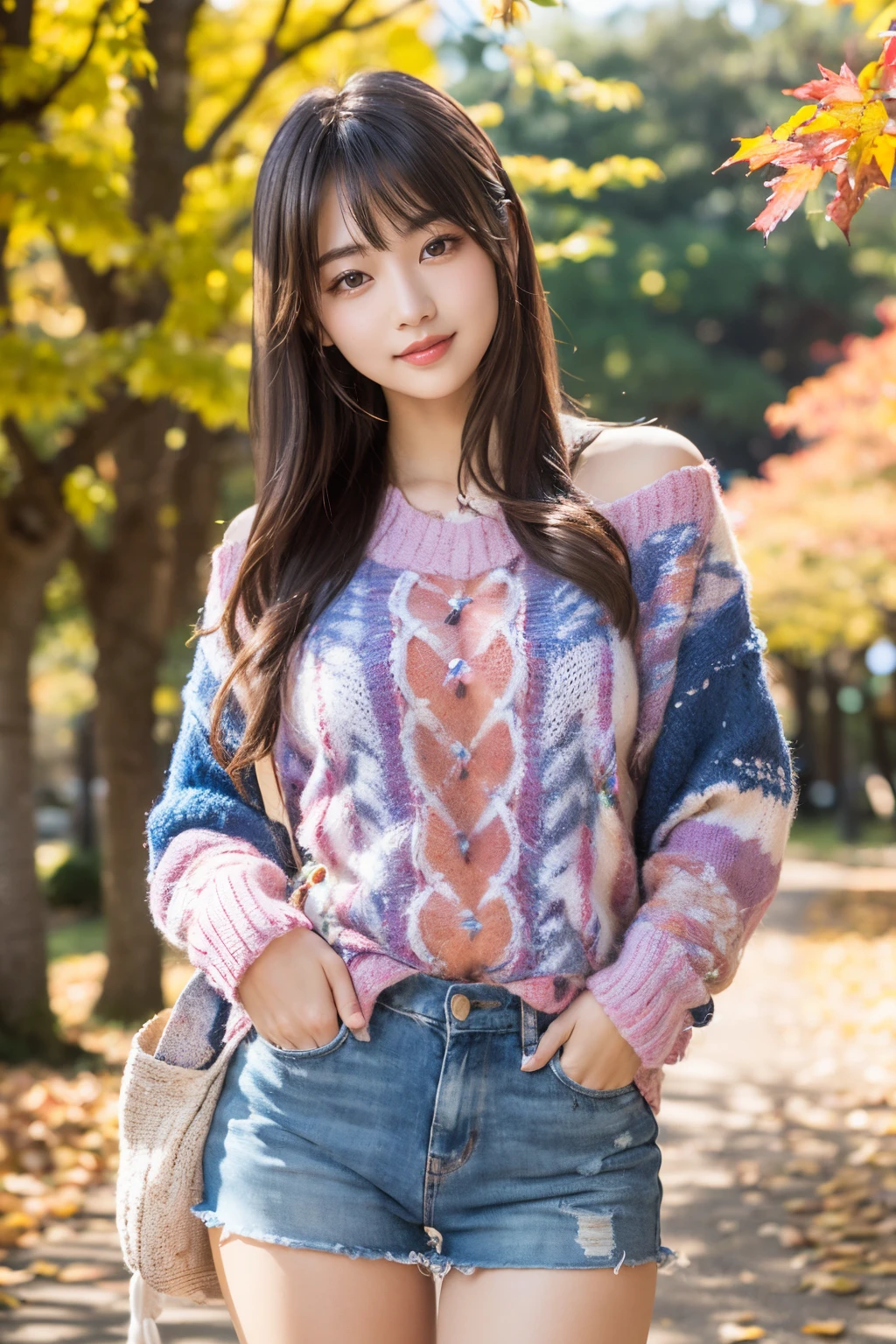 (8K, Raw photo, Best Quality, masutepiece:1.2), (Realistic, Photorealsitic:1.4), (Very detailed 8k wallpaper), Sharp Focus, depth of fields, blur backgroun, Bokeh, Cinematic lighting, Soft light, Upper body, ( cute Japanese woman:1.3)、Attractive woman、Cute Idol,(delicate nose)、Delicate girl、Dark brown longhair、(realistic textured skin)、(Natural color lips)、(delicate bangs)、Beautiful hairstyle、(tthin eyebrows)、thin arm、above thighs、Autumn Park、Happy smile