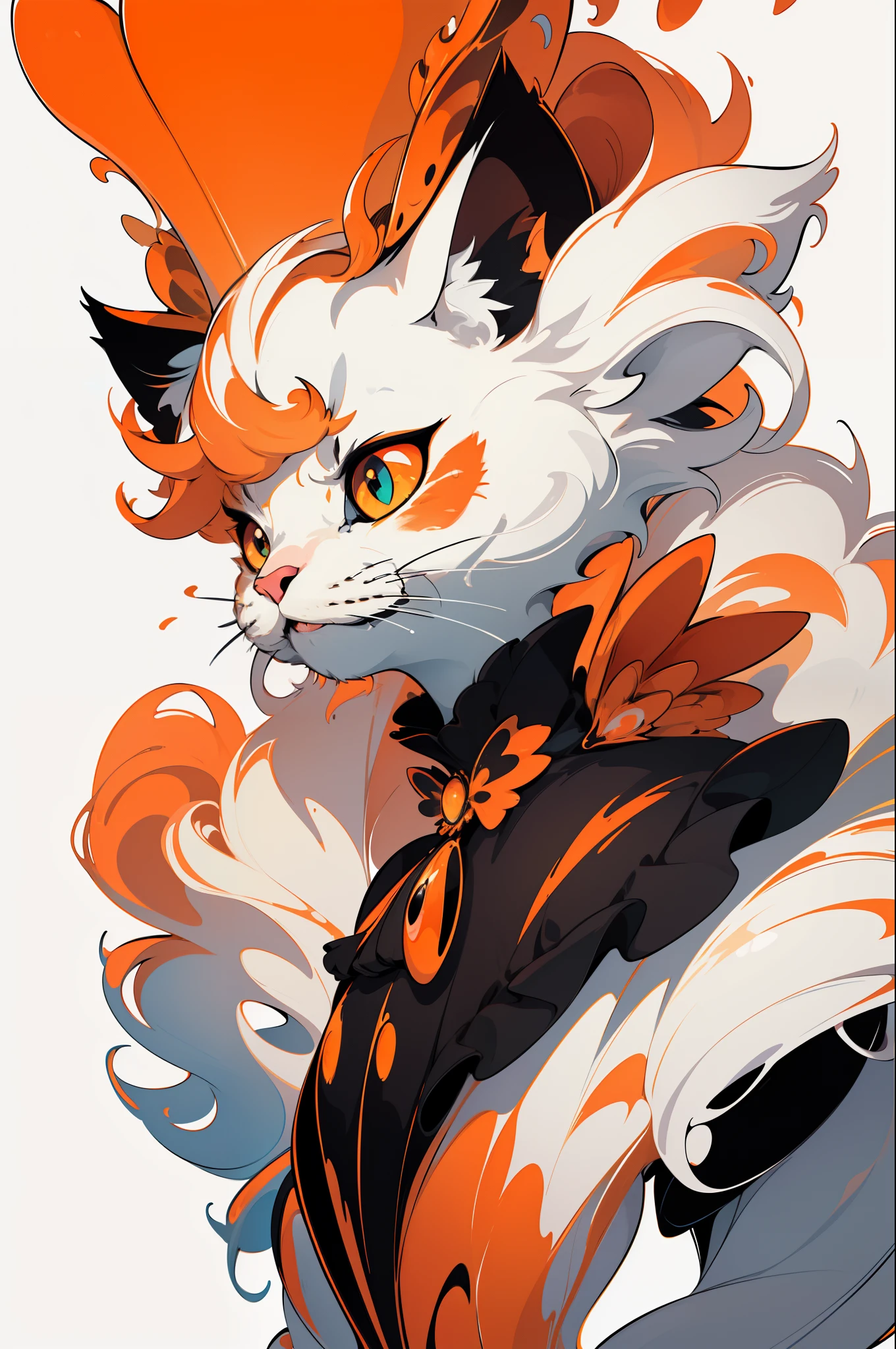 masterpiece, best quality, ultra high res, a white cute cat, animal, beautiful, visually stunning, elegant, incredible details, award-winning painting, high contrast, vector art, line art, splatter, flat color, color merge gradient, (kitten:0.7), (dark orange theme:1.2), glowing, neon, (fluffy:1.2), top hat, cat eyes, serious, coral, (no humans:1.4)