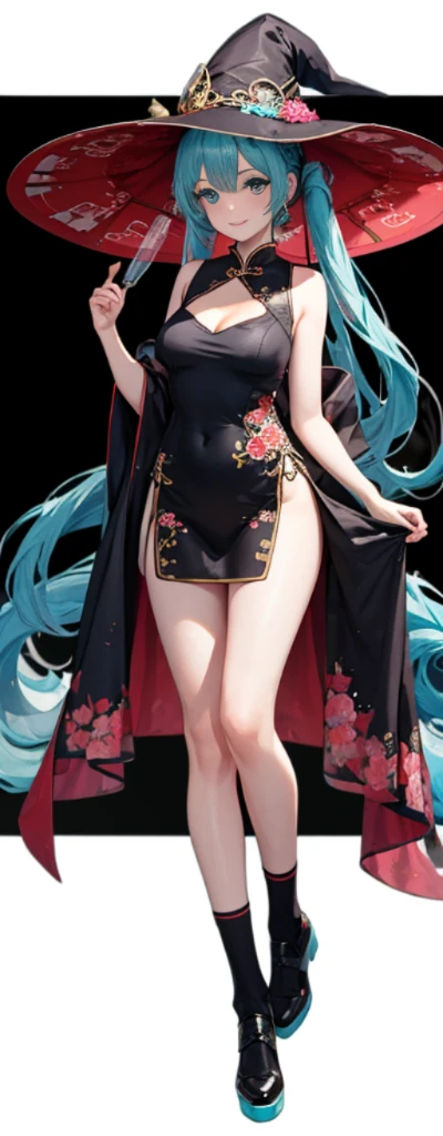 （Full body photo），Fluorescent background，（1 Witch，Flash fluorescence，Hats，Transparent tulle cheongsam，Delicate headgear，ssmile），（paper art，Quilted paper art，geometry），（Lots of colors，Best quality，high detal，tmasterpiece，movie light effect，4K，lightand shade contrast），Blue transparent tulle cheongsam，pigtails，Red knee-length socks，luminous totem，eBlue eyes，Sakura hair and big breasts，long braid，Hatsune Witch Outfit
