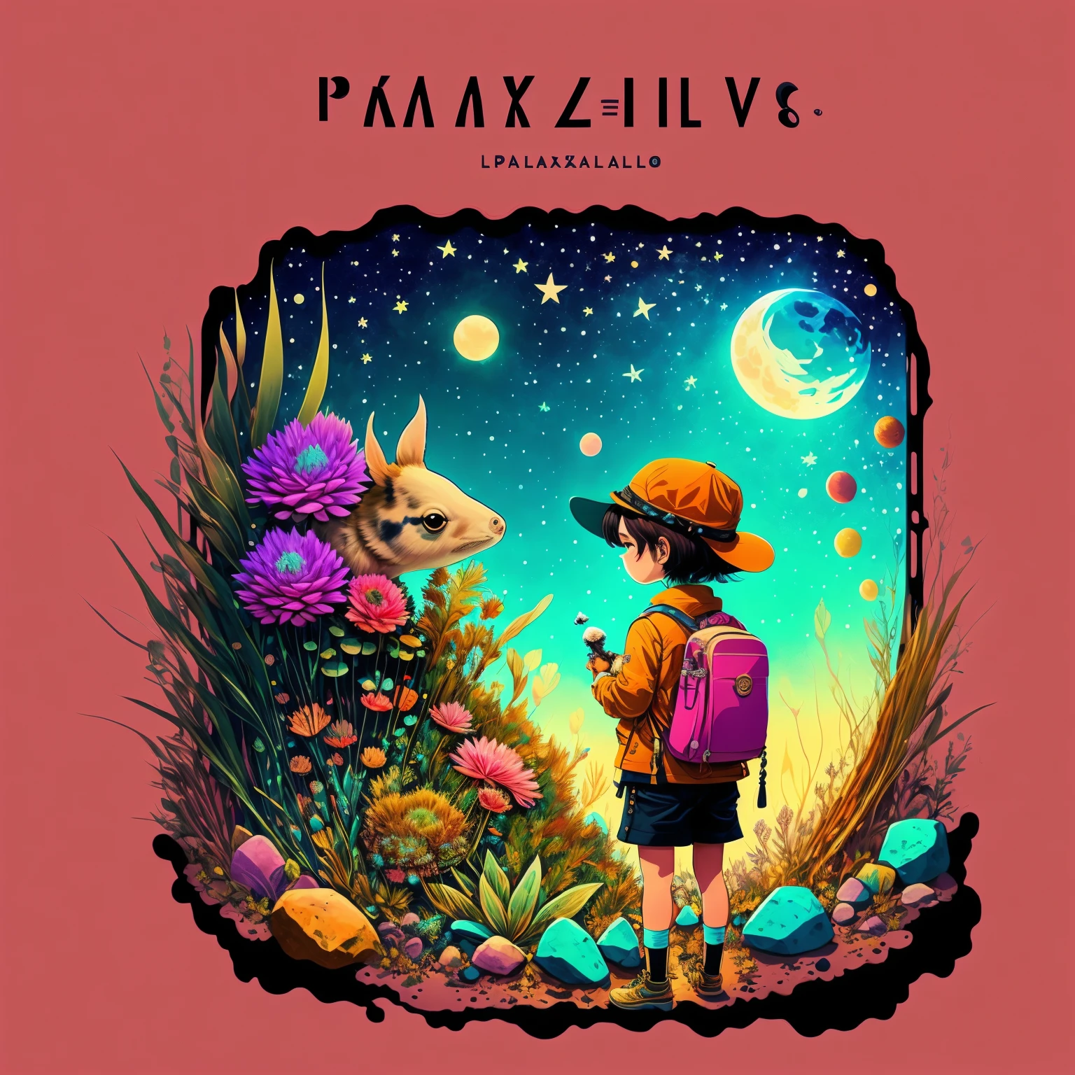 Photo of an explorer with an axolotl as a pet inside the space with a psychedelic backgroun, estilo de Laurie Greasley, Studio Ghibli, Akira Toriyama, James Gilleard, Genshin Impact, Trending Pixiv Fanbox, acrylic palette knife, 8K, cores vibrantes, DevinArt, trendin on artstation, Detalhes baixos, escrita em letras estilo rock n roll, a palavra KAMIZART.COM