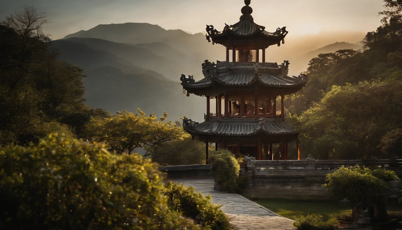 Generate a visually stunning resolution masterpiece image of an "ancient yet contemporary Chinese structure" stands majestically amidst the ethereal mist, surrounded by towering mountain peaks. The sunrise casts a warm, golden glow on the landscape, while the tranquil lake below perfectly mirrors the architectural beauty. The environment exudes a sense of serenity and timeless grandeur. The style is photorealistic, capturing every minute detail. Camera: Canon EOS 5D Mark IV. Lens: Canon EF 24-70mm f/2.8L II USM.