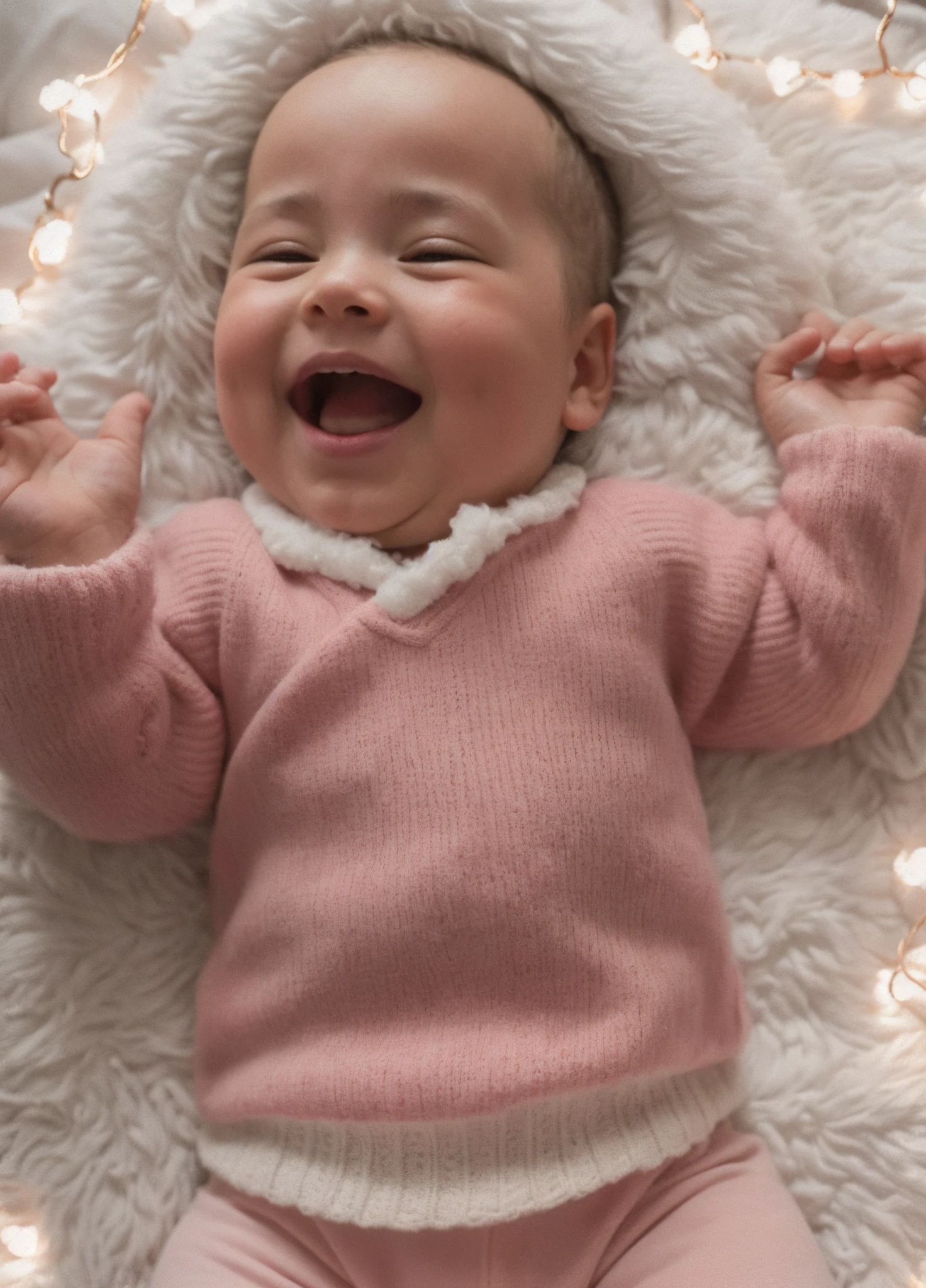 garland, fluffy blanket, Araffed child lies on a blanket with a white blanket, Smile from top to bottom, laughing, An anxious grin, Smiling, laughting,, expressing joy, painfully adorable, joyful look, she expressing joy, With a happy expression on his face, Smiles playfully;, Smiling, adorable, very happy, soft happy smile, giggling, warm smile, Very excited
