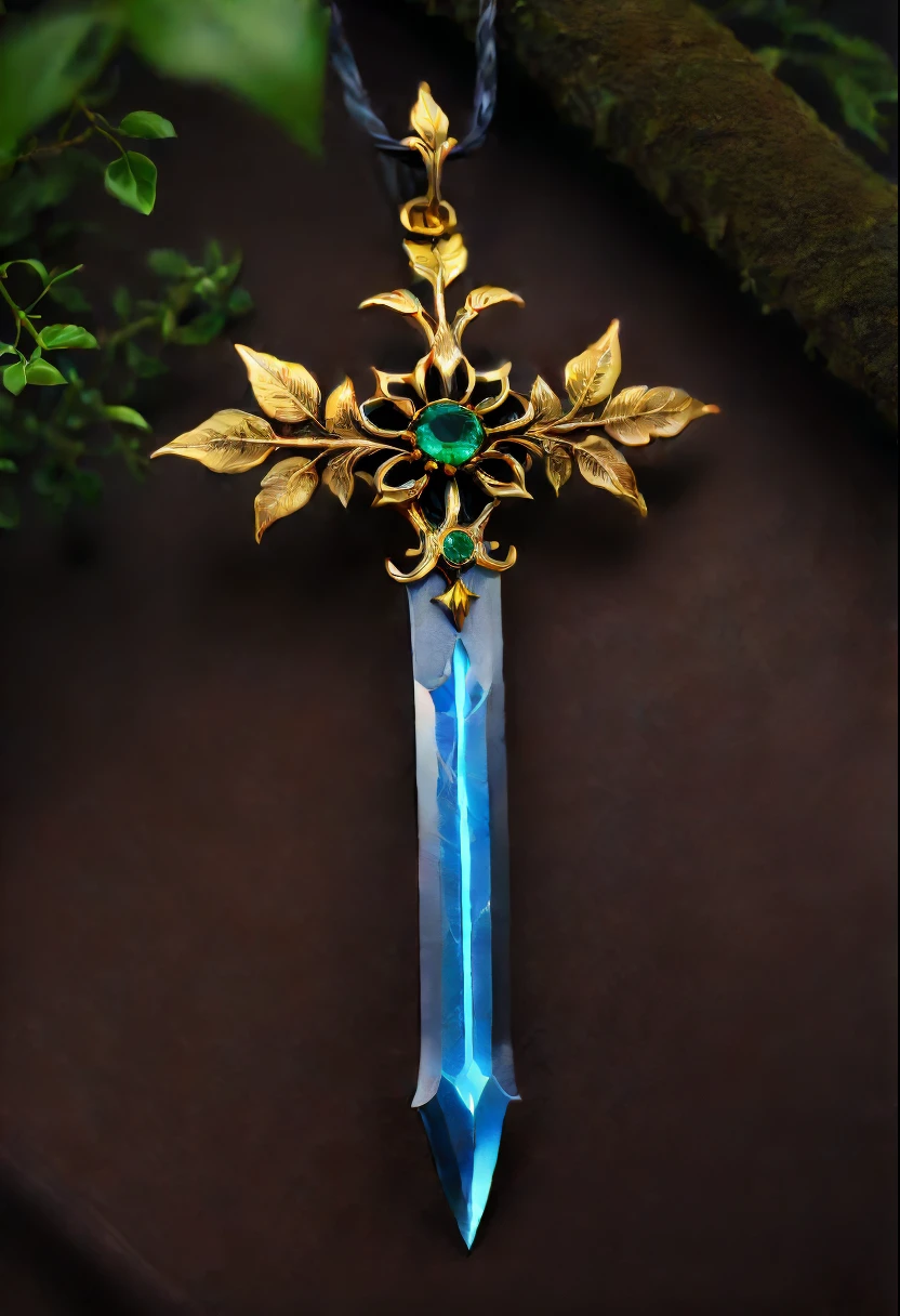 Magic Sword，legendary magic sword，Glory Magic Sword，Alloy iron flower，Alloy vine surround，Magic Sword,heavy metal style，metal art，flower made of iron，iron leaf，Full metallic luster，Metal texture in the post-industrial era，Alloy wire crafts，gold flowers，Iron flower，Silver flower，metal tree branch，a crystal pendant，Emerald inlay，well-built，Perfect craftsmanship，Magic lightning background，blue lightning，(Best quality at best,4K,8K,A high resolution,tmasterpiece:1.2),ultra - detailed,(actual,realistically,realistically:1.37),The landscape,sci-fy,photography of,Concept artist, HighDynamicRange,hyper HD,Studio lighting,Ultra-fine painting,Focus sharp,physically-based renderingt,Extremely detailed description,professional,Vibrant colors,bokeh.