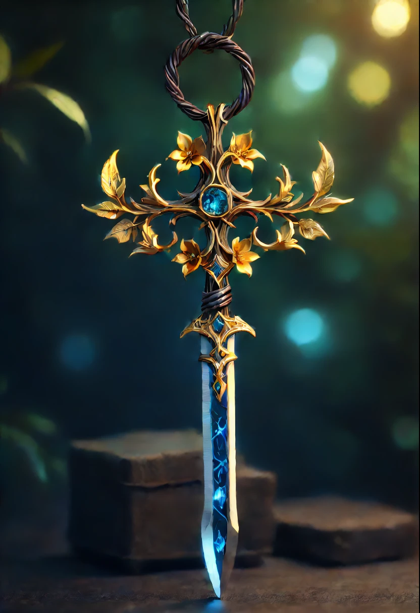 Magic Sword，legendary magic sword，Glory Magic Sword，Alloy iron flower，Alloy vine surround，Magic Sword,heavy metal style，metal art，flower made of iron，iron leaf，Full metallic luster，Metal texture in the post-industrial era，Alloy wire crafts，gold flowers，Iron flower，Silver flower，metal tree branch，a crystal pendant，Emerald inlay，well-built，Perfect craftsmanship，Magic lightning background，blue lightning，(Best quality at best,4K,8K,A high resolution,tmasterpiece:1.2),ultra - detailed,(actual,realistically,realistically:1.37),The landscape,sci-fy,photography of,Concept artist, HighDynamicRange,hyper HD,Studio lighting,Ultra-fine painting,Focus sharp,physically-based renderingt,Extremely detailed description,professional,Vibrant colors,bokeh.