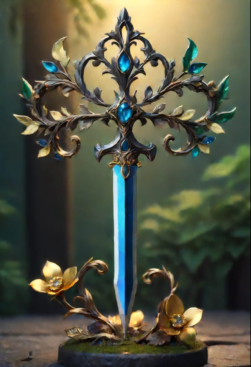 Magic Sword，legendary magic sword，Glory Magic Sword，Alloy iron flower，Alloy vine surround，Magic Sword,heavy metal style，metal art，flower made of iron，iron leaf，Full metallic luster，Metal texture in the post-industrial era，Alloy wire crafts，gold flowers，Iron flower，Silver flower，metal tree branch，a crystal pendant，Emerald inlay，well-built，Perfect craftsmanship，Magic lightning background，blue lightning，(Best quality at best,4K,8K,A high resolution,tmasterpiece:1.2),ultra - detailed,(actual,realistically,realistically:1.37),The landscape,sci-fy,photography of,Concept artist, HighDynamicRange,hyper HD,Studio lighting,Ultra-fine painting,Focus sharp,physically-based renderingt,Extremely detailed description,professional,Vibrant colors,bokeh.