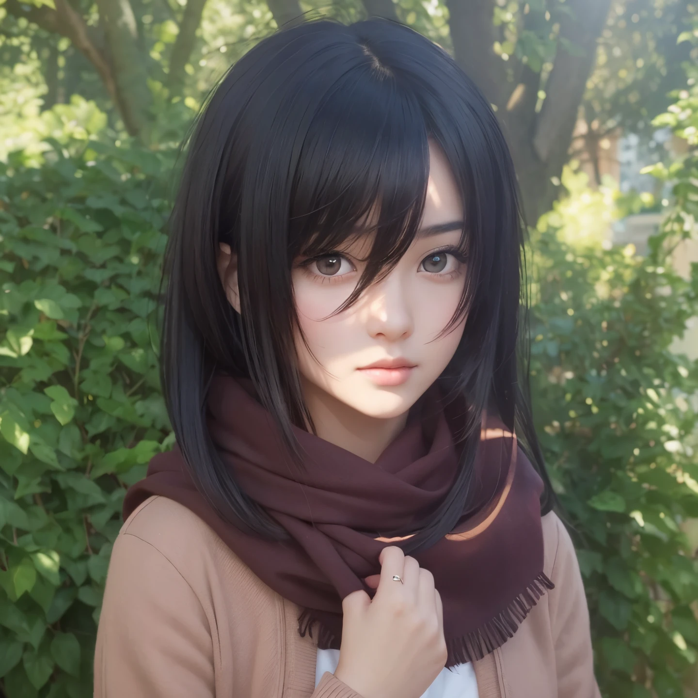 A realistic black haired girl, the same realistic hairstyle, realistic pretty+cute face, realistic cool expression, adapt the same realistic clothes,realistic red scarf, realistic light, realistic shadow, realistic background, realistic big tree background, Good image quality, very good image results, 4k, ultra detailed, realistic