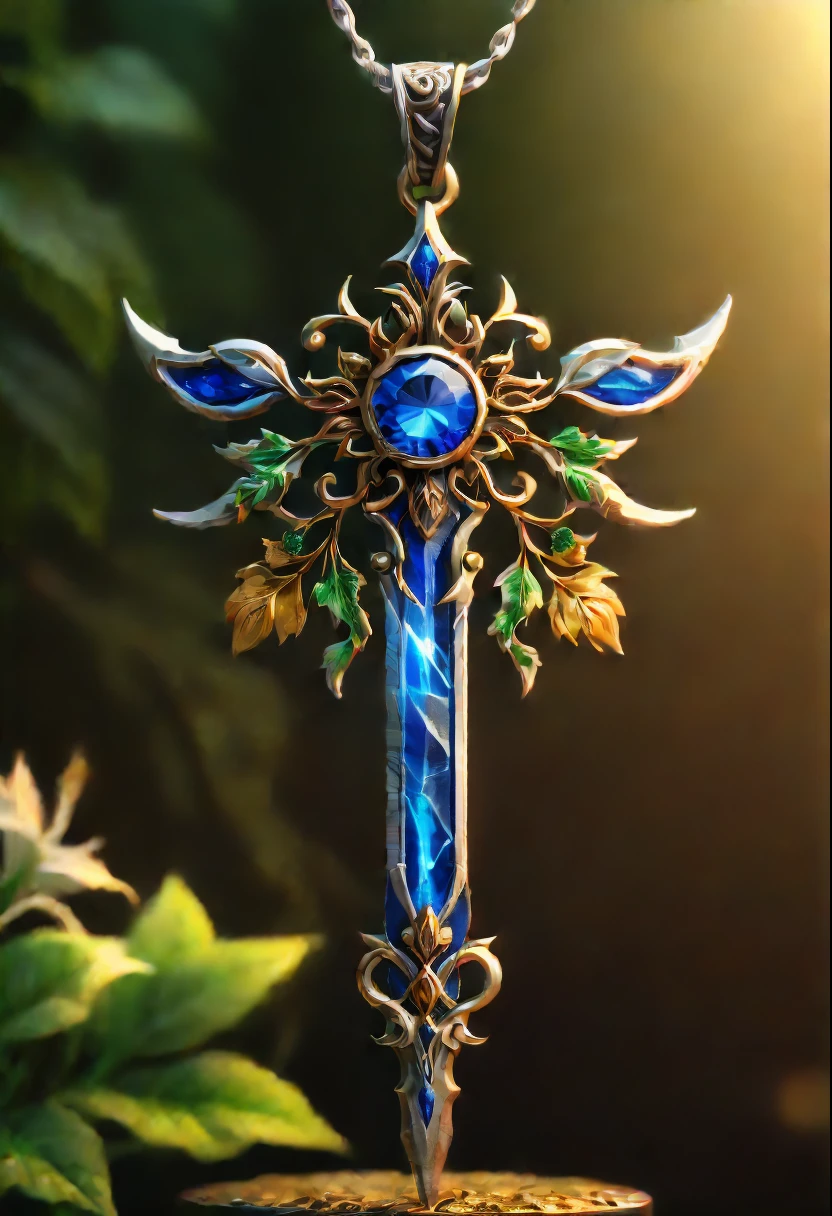 Magic Sword,legendary magic sword,Glory Magic Sword,Alloy iron flower,Alloy vine surround,Magic Sword,heavy metal style,metal art,flower made of iron,iron leaf,Full metallic luster,Metal texture in the post-industrial era,Alloy wire crafts,gold flowers,Iron flower,Silver flower,metal tree branch,a crystal pendant,Emerald inlay,well-built,Perfect craftsmanship,Magic lightning background,blue lightning,(Best quality at best,4K,8K,A high resolution,tmasterpiece:1.2),ultra - detailed,(actual,realistically,realistically:1.37),The landscape,sci-fy,photography of,Concept artist, HighDynamicRange,hyper HD,Studio lighting,Ultra-fine painting,Focus sharp,physically-based renderingt,Extremely detailed description,professional,Vibrant colors,bokeh.