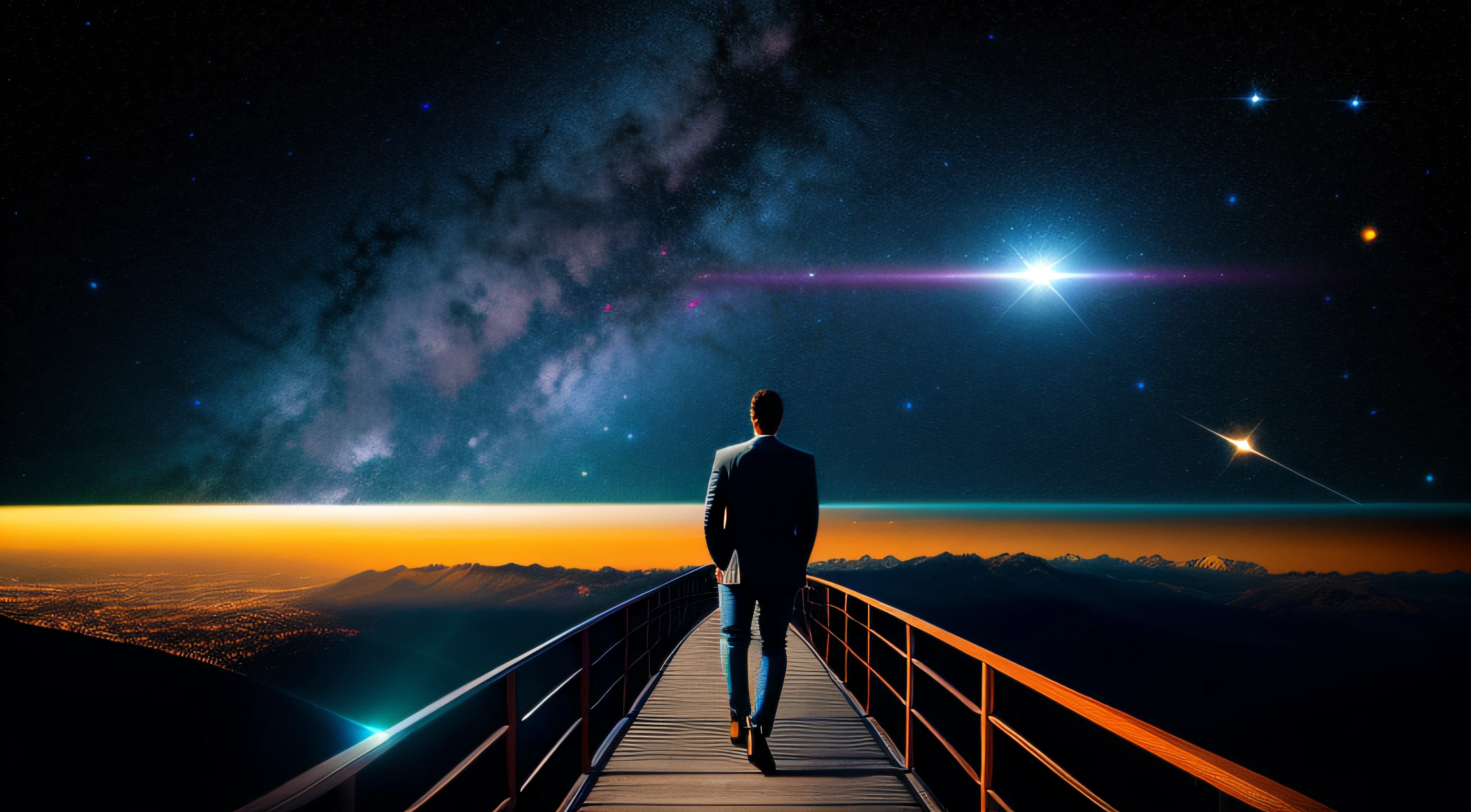 man walking on bridge into infinity galaxy space